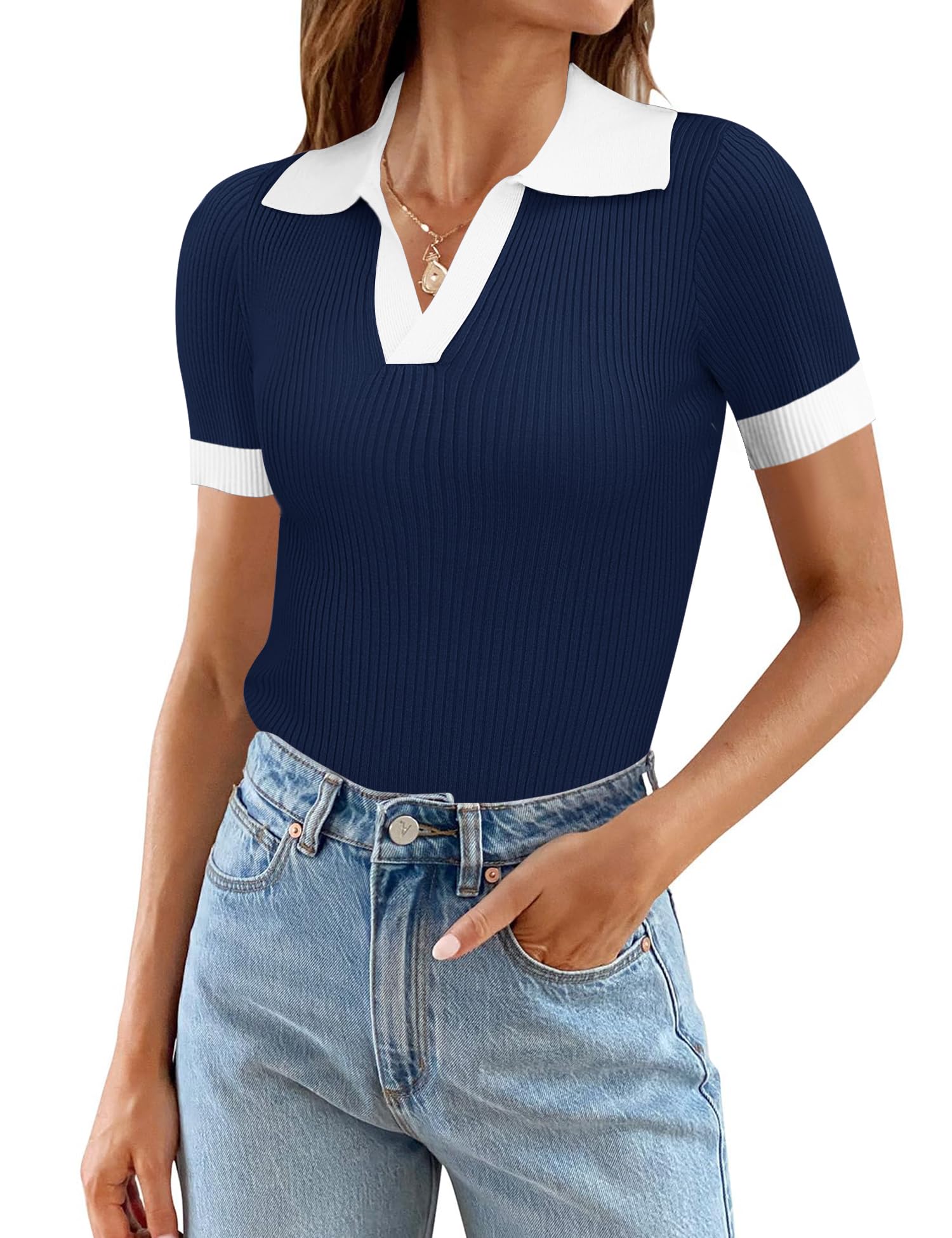 Ivicoer Womens V Neck Sweaters Dressy Casual Short Sleeve Sweater Slim Fit Lightweight Knit Tops