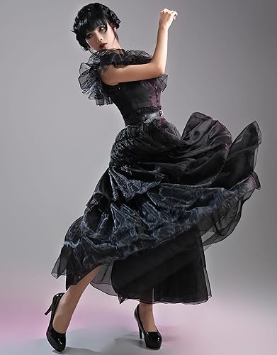 Miniatura 4 de miccostumes Disfraz de mujer para el miércoles, cosplay, gótico, largo, de organza, vestido formal en capas con cinturón