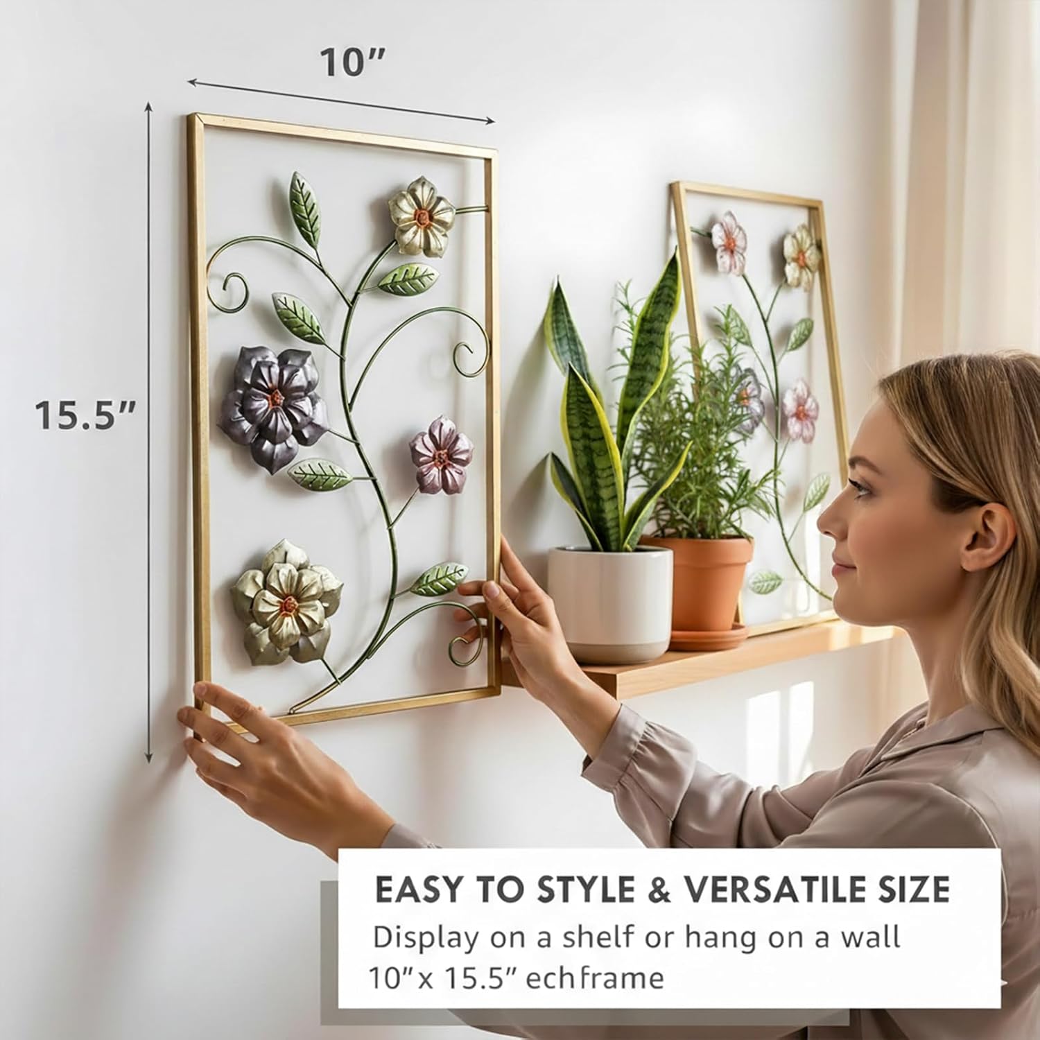 3D Metal Wall Art for Living Room - Set of 2 Framed Floral Wall Art, Metal Flower Wall Decor for Modern Bedroom, Bathroom, Office, or Entryway Farmhouse Decorations