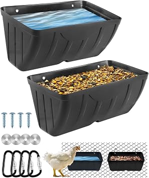 Chicken Feeder, 2 Pack, Poultry Feeders and Waterers, Hanging Goat Feeder, Livestock Fence Feeder, Feed Trough and Waterer Bucket with Clips, Black