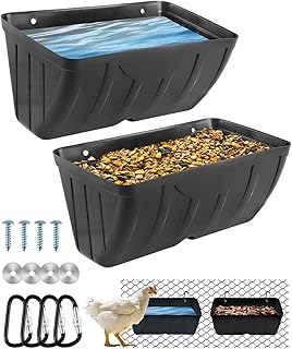 Chicken Feeder, 2 Pack, Poultry Feeders and Waterers, Hanging Goat Feeder, Livestock Fence Feeder, Feed Trough and Waterer Bucket with Clips, Black