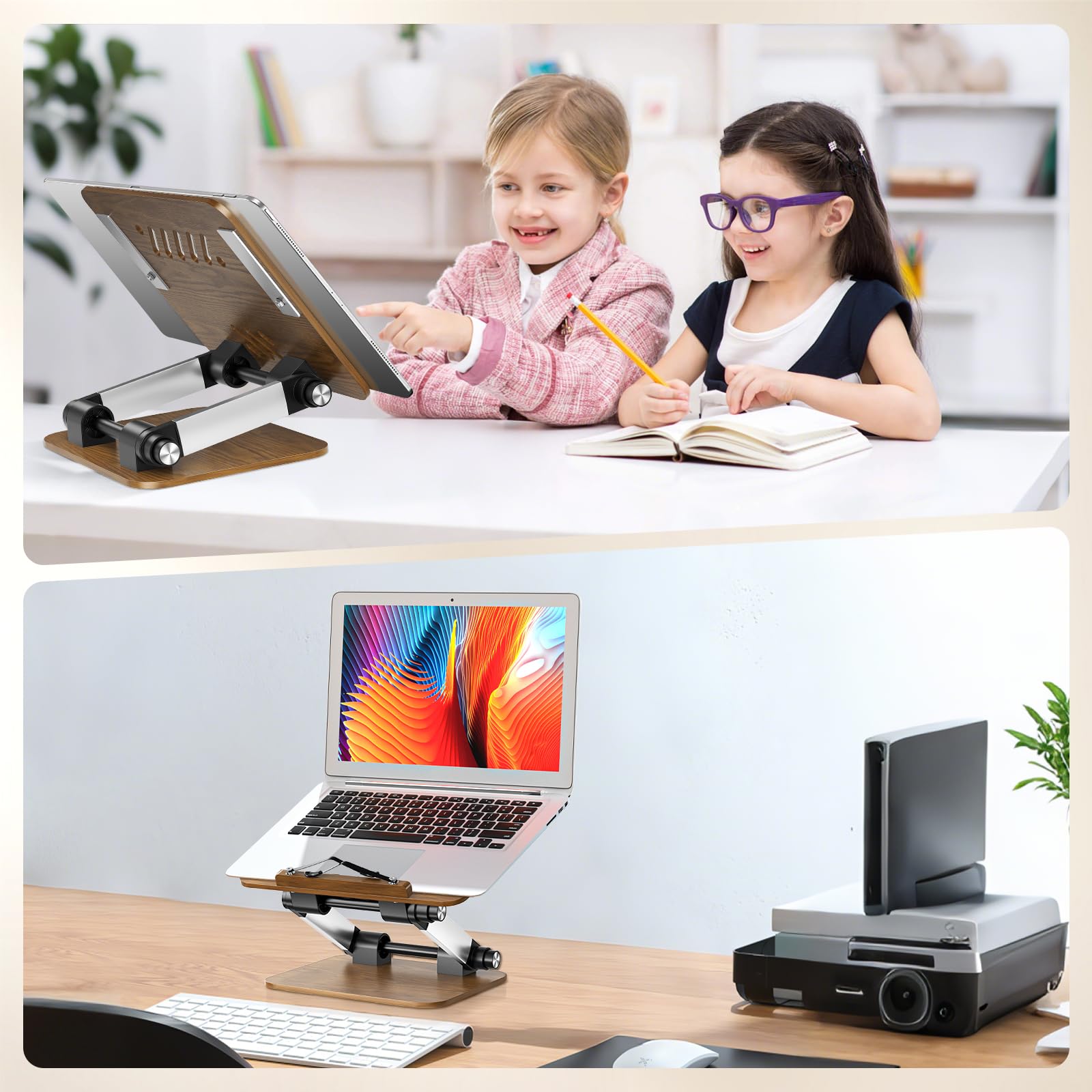 supporto per libri di lettura regolabile in legno, flessibile pieghevole a 180° per libri di cucina con clip di pagina
