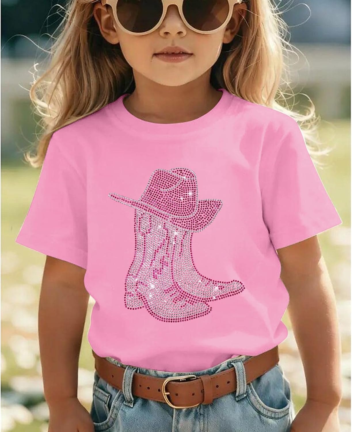 Girls Western Cowgirl Shirt Rodeo Graphic Shirts Kids Shiny Sparkling Rhinestone Hat Boots Print Tee Tops