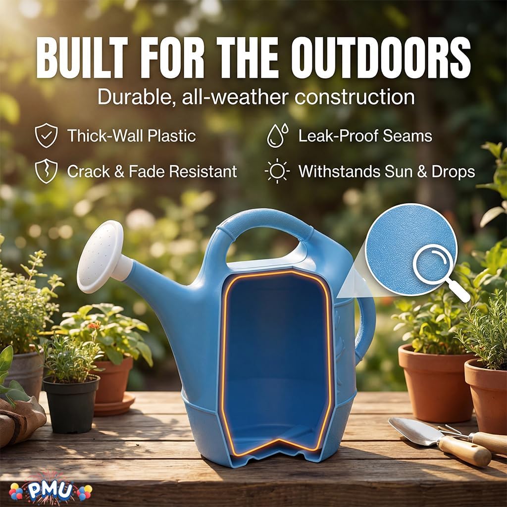 PMU 2 Gallon Watering Can - Garden Watering Can for Indoor & Outdoor Plants - Plastic Water Can with Detachable Sprinkler Head - Large Water Pot, Made in USA - Blue Pkg/3