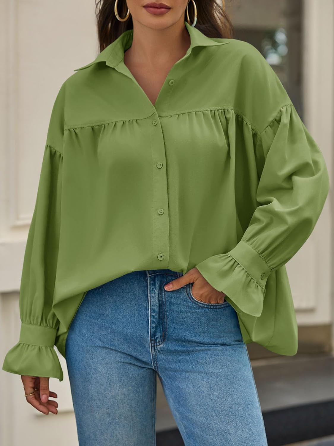 Cicy Bell Womens Oversized Button Down Shirts Long Ruffle Sleeve Pleated Babydoll Blouses Trendy Casual Tops - Image 5