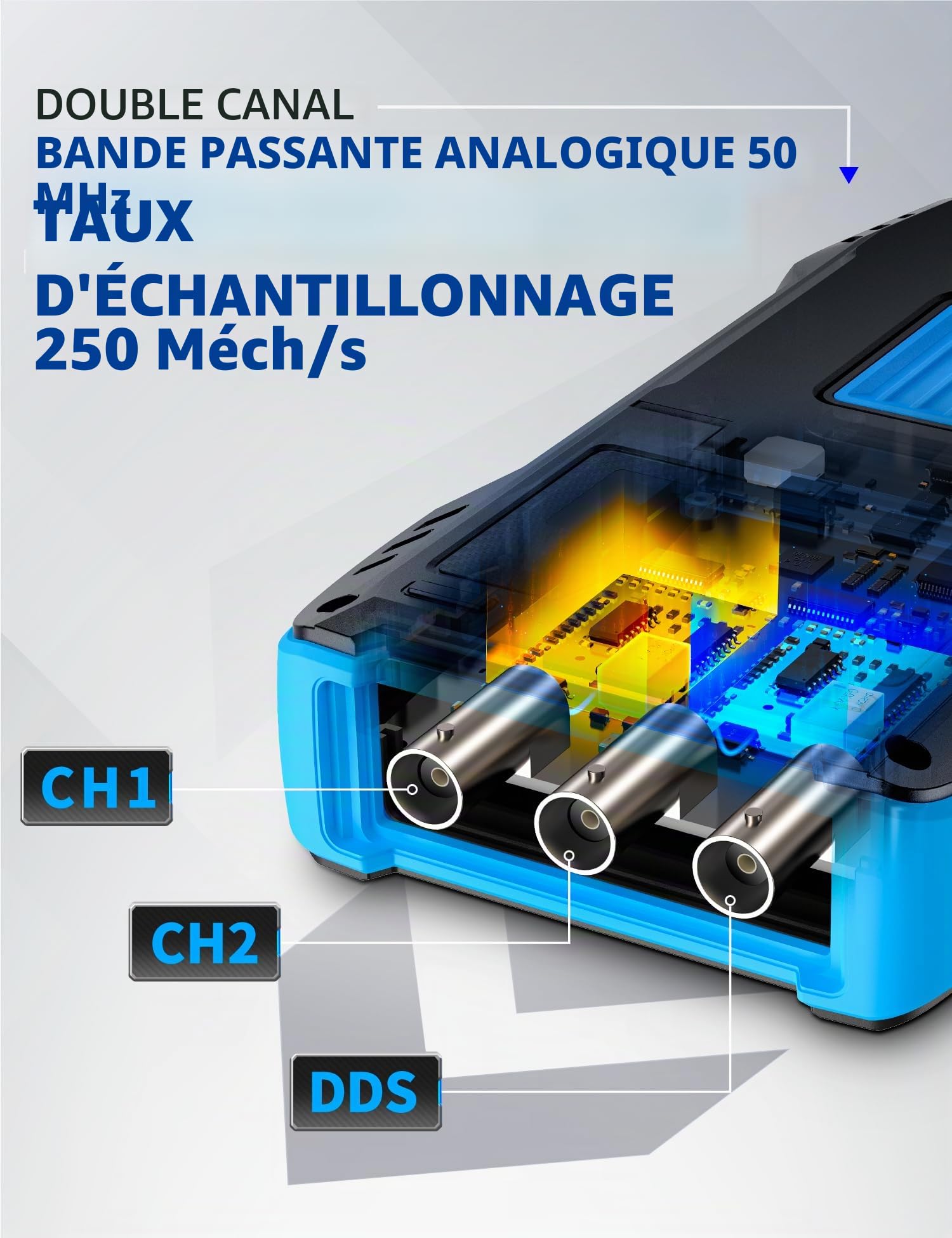 FNIRSI 2C53T Oscilloscope Portable, Oscilloscope Numérique/Multimètre/Générateur DDS 3en1, Fréq. d'échantillonnage 250 Méch./s, 50 MHz, 19999 Points, Test de Tension Courant Condensateur Résistance