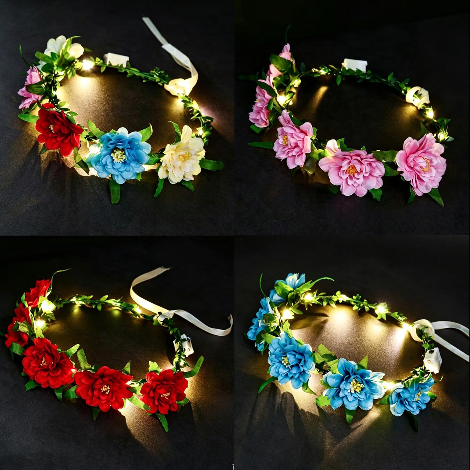 Richaa 4 Stück Blumenkranz Haare Led, Led Haarschmuck WarmweißEs