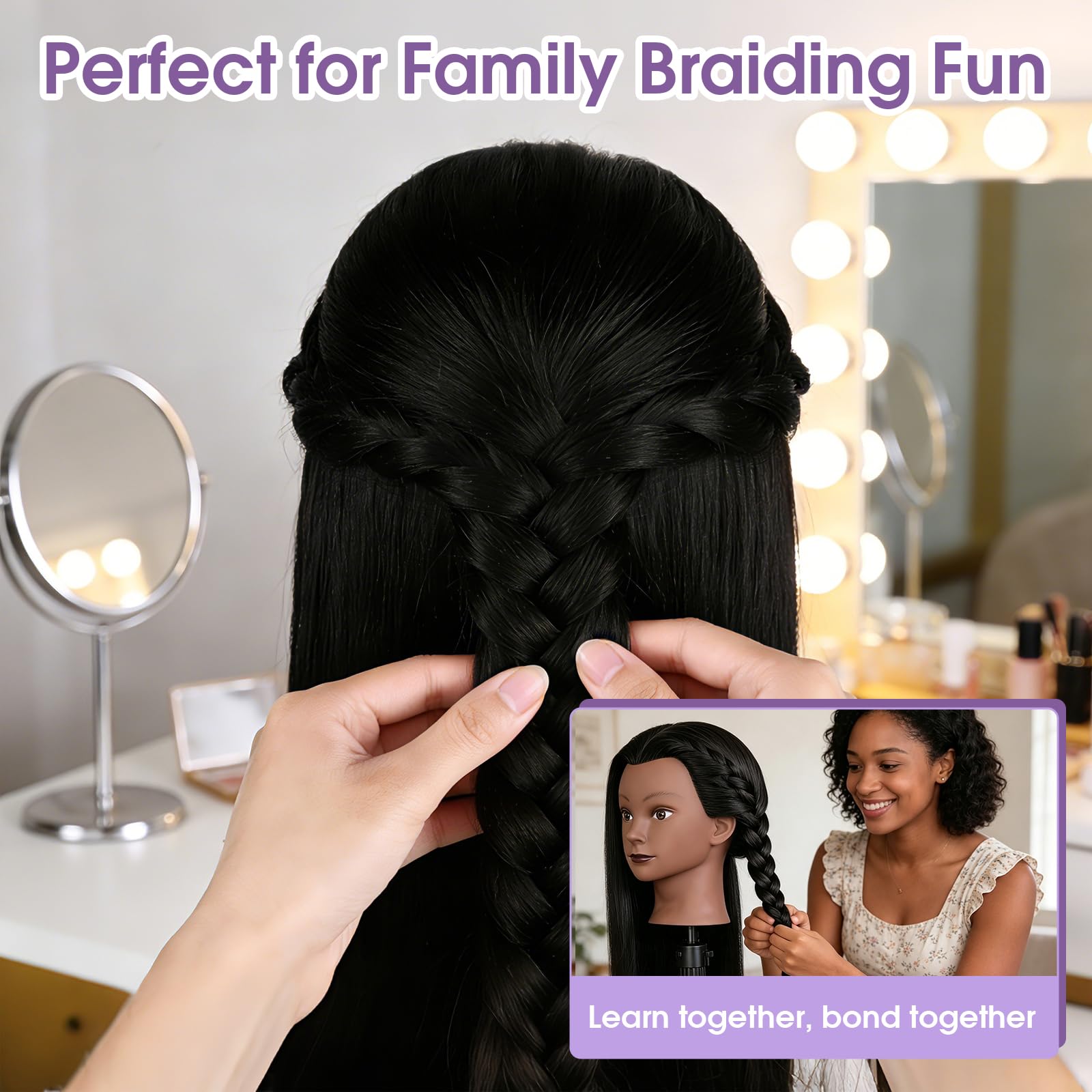 Tête de coiffure, 66 cm, 80 % cheveux naturels, noire, avec pince de table et accessoires, pour couper, tresser et coiffer