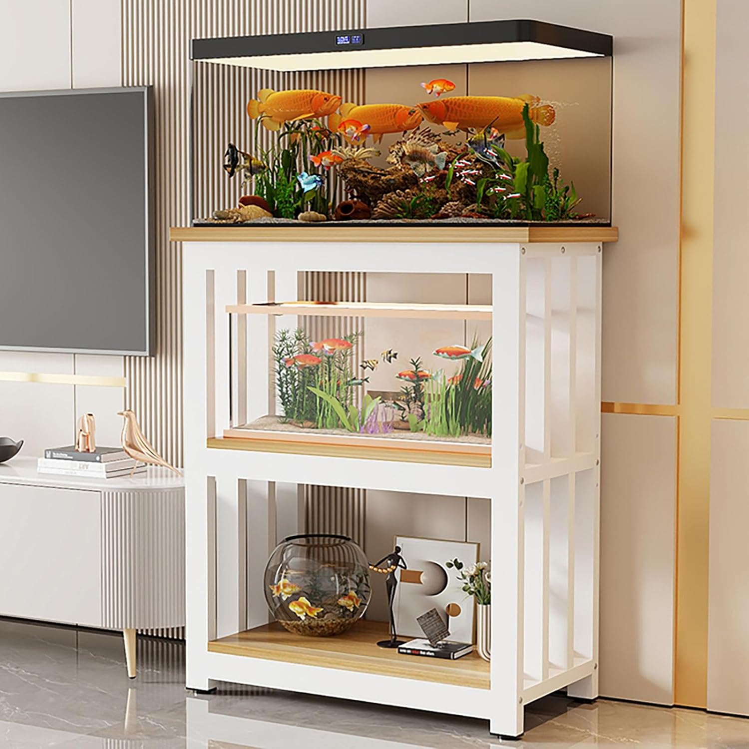 Adjustable Multi-Tier Fish Tank Stand - Heavy-Duty Steel Aquarium Cabinet for Large Tanks - Versatile Reptile Rack & Terrarium Table - Sturdy, Stylish Home/Office Decor