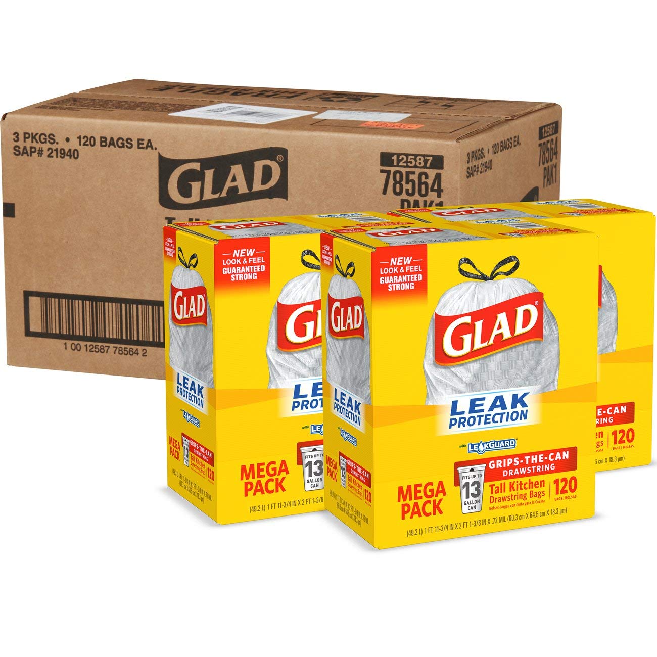 Tall Kitchen Drawstring Trash Bags - 13 Gallon - 120 Count - 3 Boxes/Case by Glad – 120 Count (Pack of 3), 13.0 gallons, Plastic, White, Pack of 3