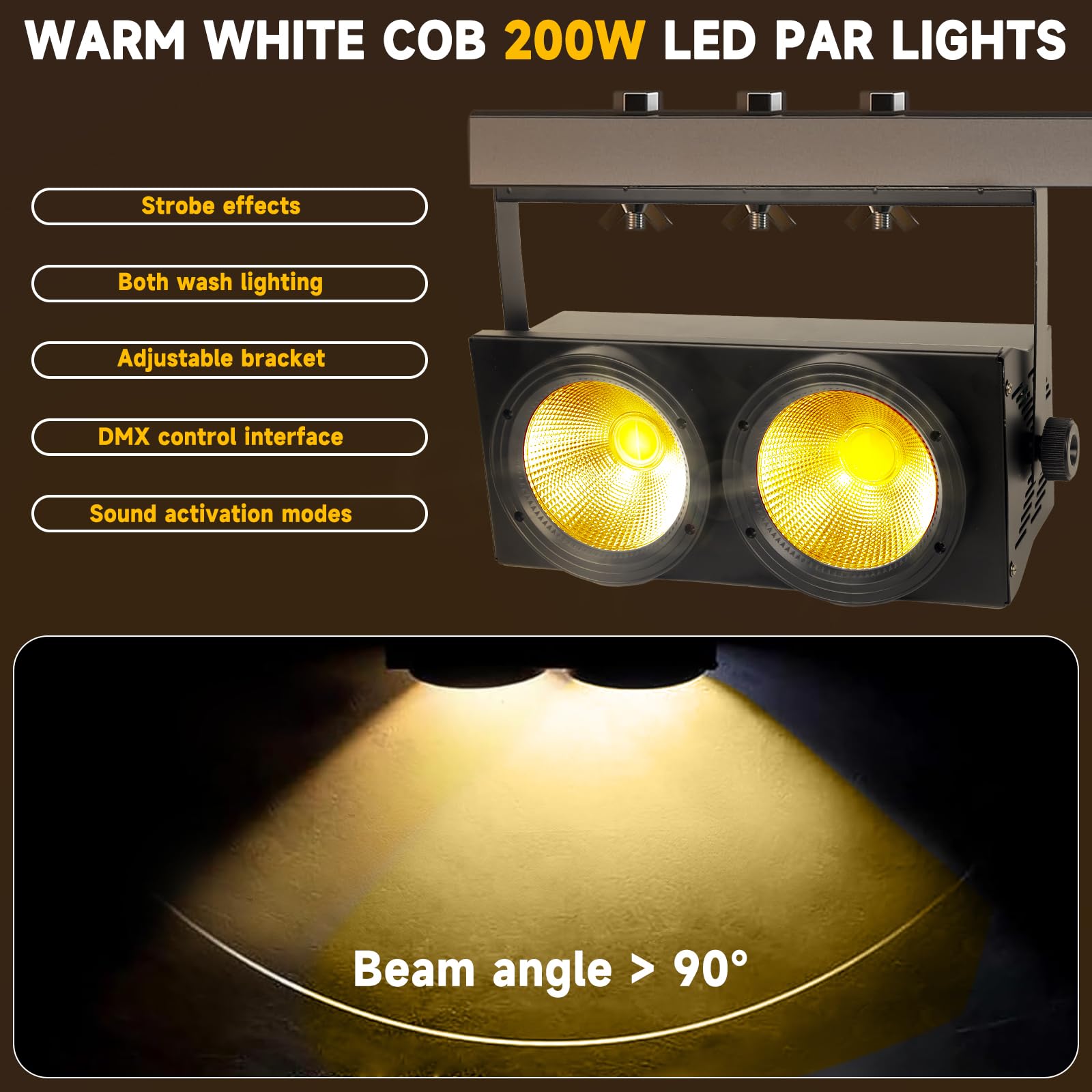 WECAN 200 W LED cieco PAR, luce LED a 2 occhi, luce bianca calda, controllo DMX, stroboscopio COB attivato dal rumore per teatro, chiesa e eventi DJ (confezione da 2)