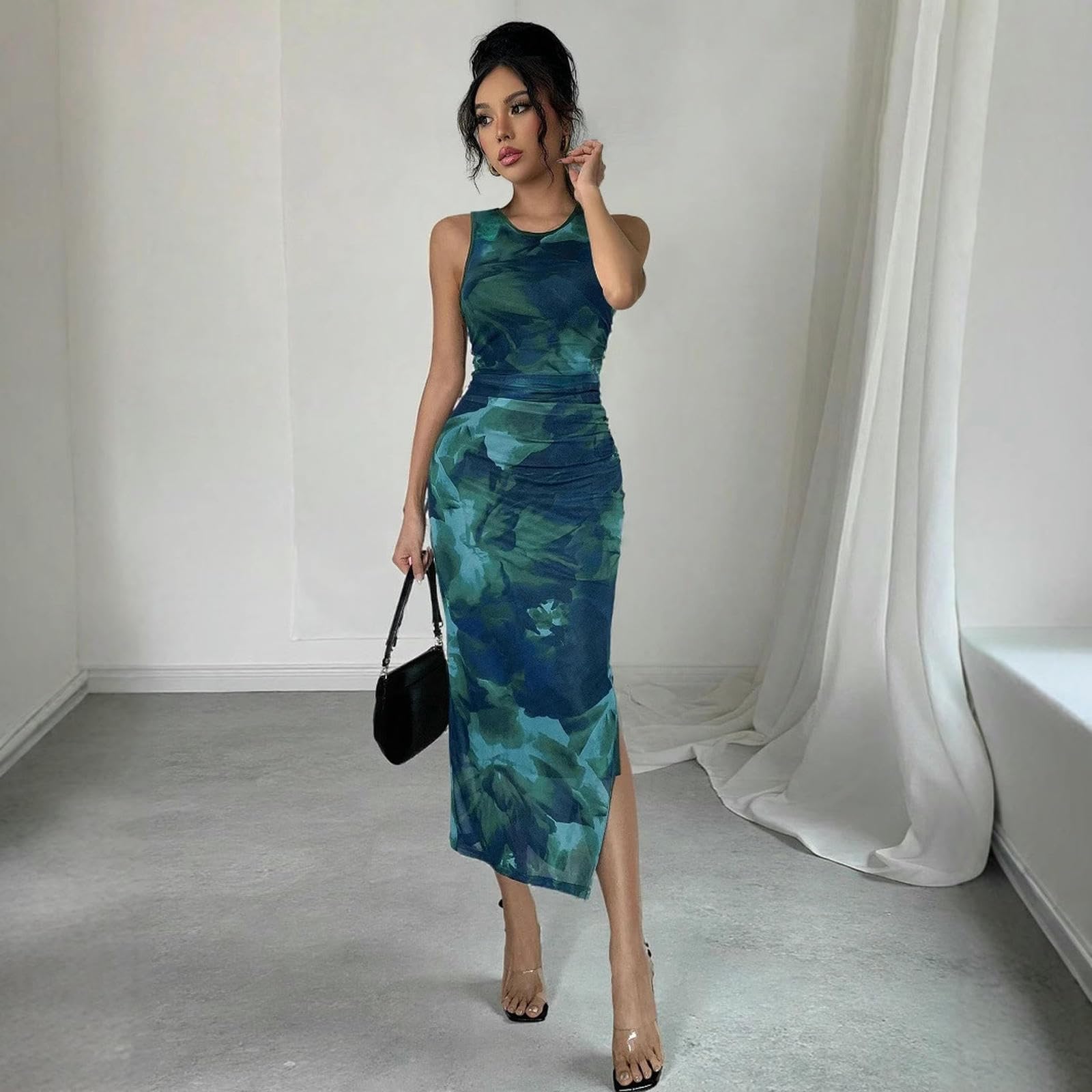 Sukienka damska elegancka letnia sukienka z falbanami bodycon | Rękawy Okrągły dekolt i boczne rozcięcie na przyjęcie koktajlowe, rozciągliwa, wielorazowa