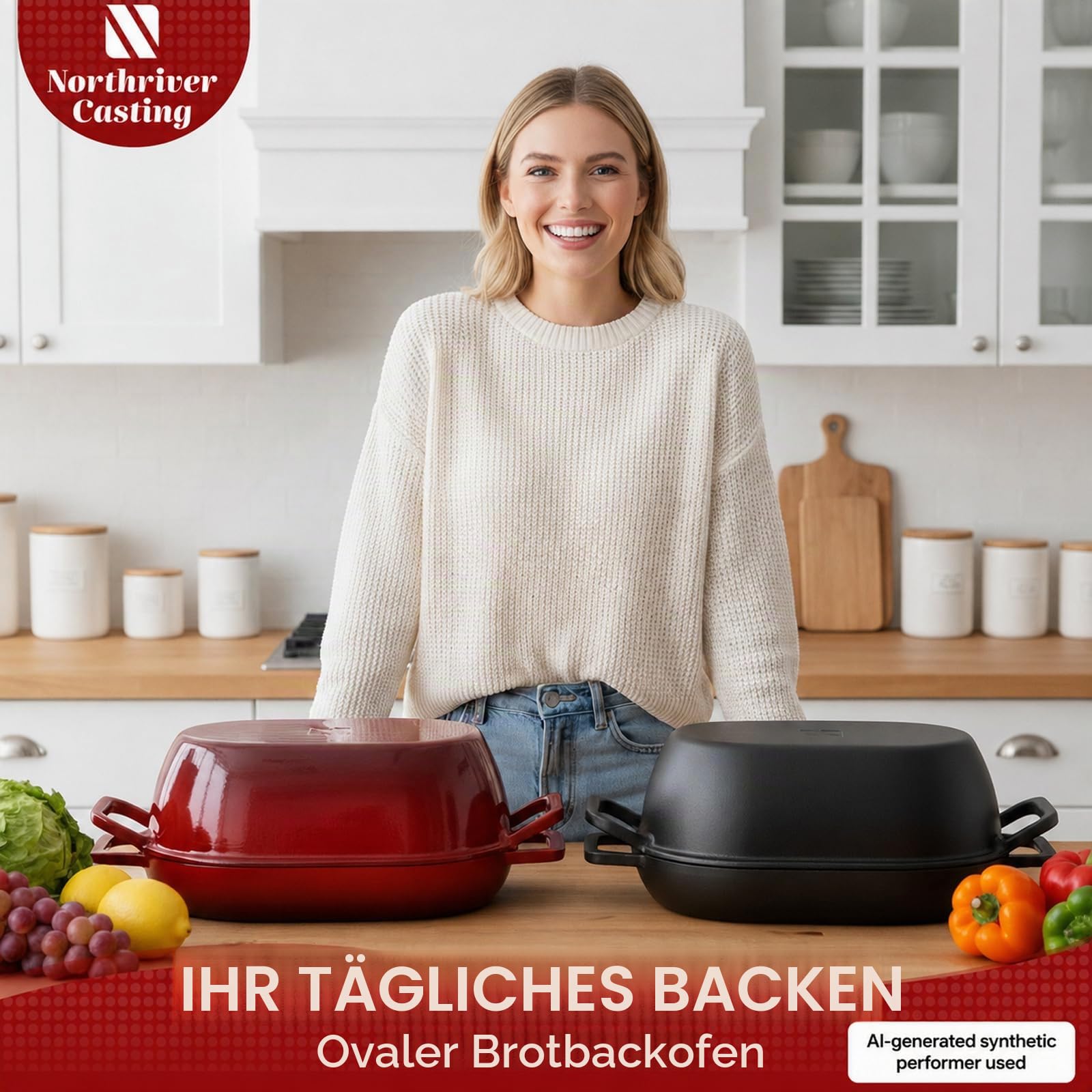 Northriver Casting Ovaler Schmortopf aus emailliertem Gusseisen, zum Brotbacken, 30,5 x 20,3 cm, roter Emaille-Brottopf mit tiefem Deckel und flachem Boden, ideal für Sauerteig, handwerkliche Brote