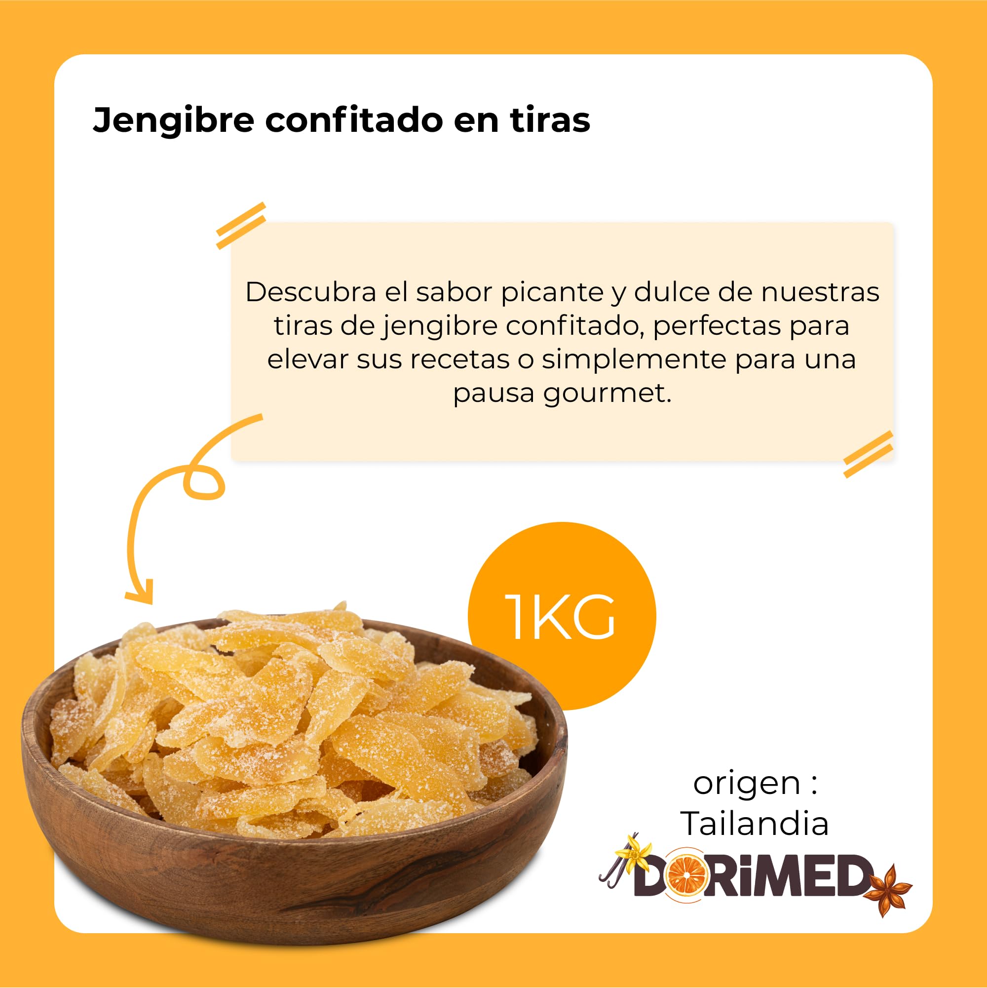 Jengibre Confitado en Trozos 1kg | Fruta Seca Deshidratada | Rodajas de Jengibre Glaseadas | Láminas Desecadas Azucaradas | Snack Dulce | IDEAL para recetas | Vegetarianos y Veganos | Dorimed