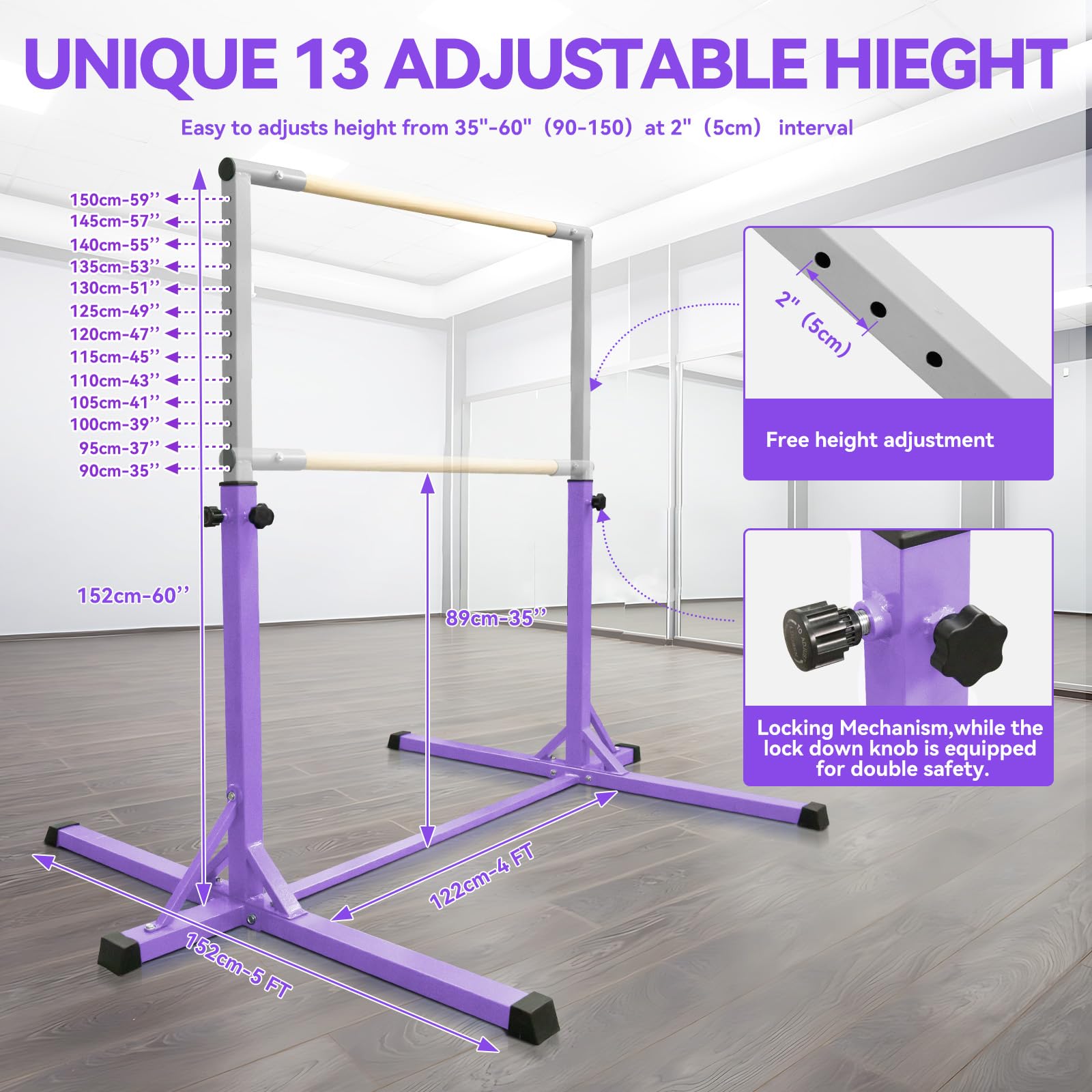 FBSPORT Barra de Gimnasia para Niños Barra Horizontal de Gimnasia con 13 Altura Ajustable de Barra de Entrenamiento con Anillos de Gimnasia Barra de Entrenamiento de Gimnasia expandible Junior Morado