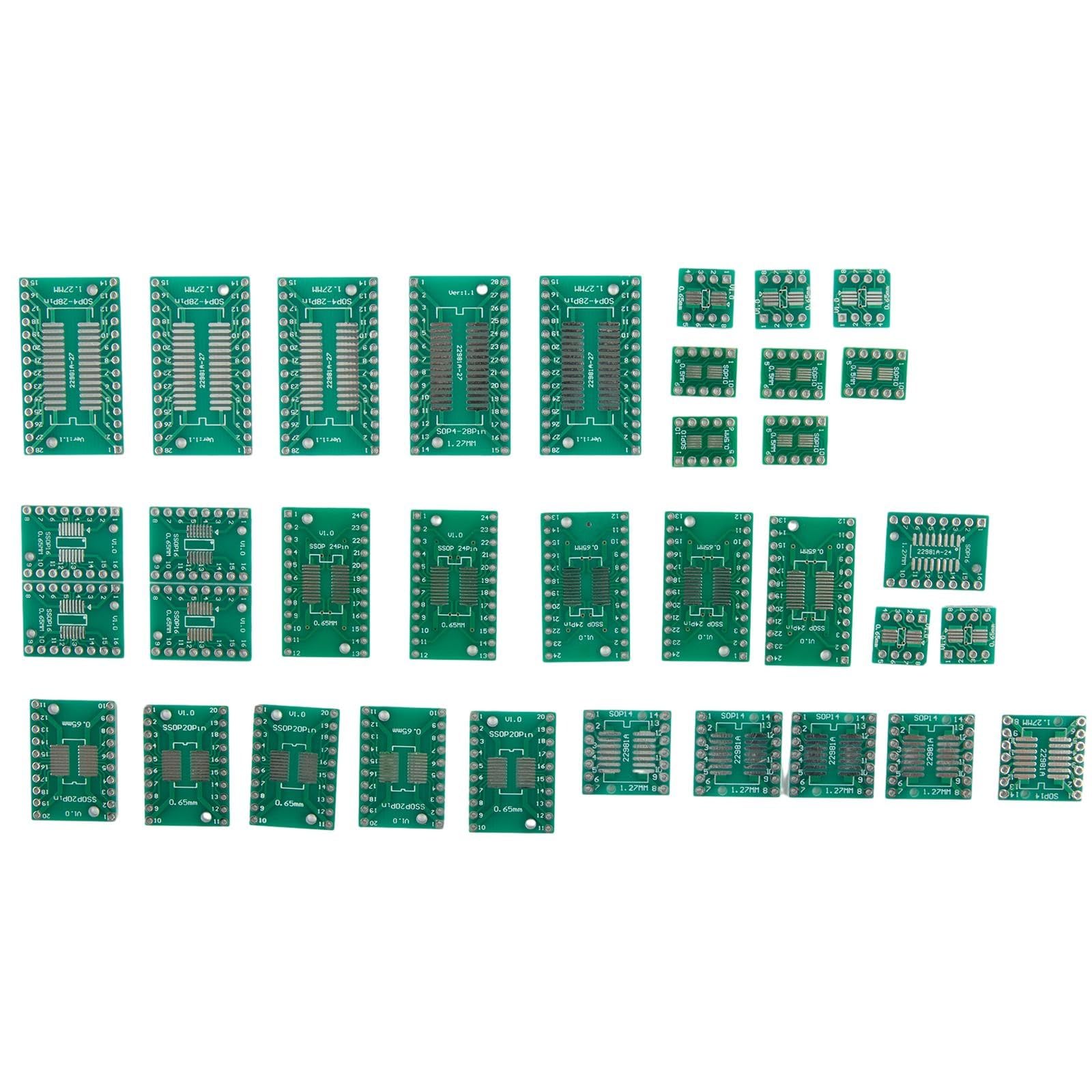 Kit adattatore PCB da 35 pezzi, per scheda convertitore da SMD a DIP per SOP MSOP SSOP TSSOP SOT23 8-28 pin, assortimento di test verdi