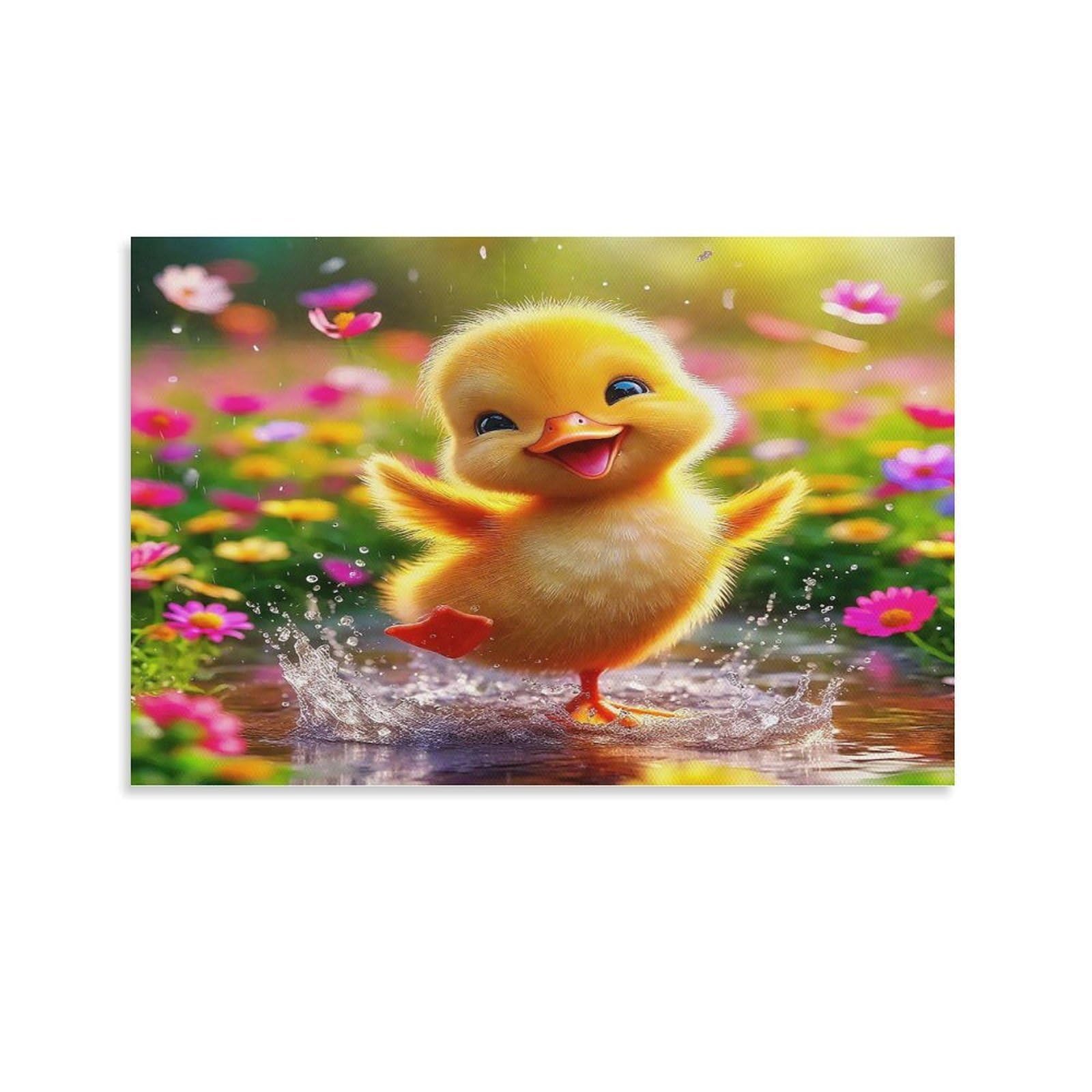 CPLVKWRQJ Cute Duckling Individual Cheerful Duckling Wildflower Puddle Canvas Artwork - Bedroom Canvas Painting Easy to Clean Space Transformer Decor 12x18inch(30x45cm)