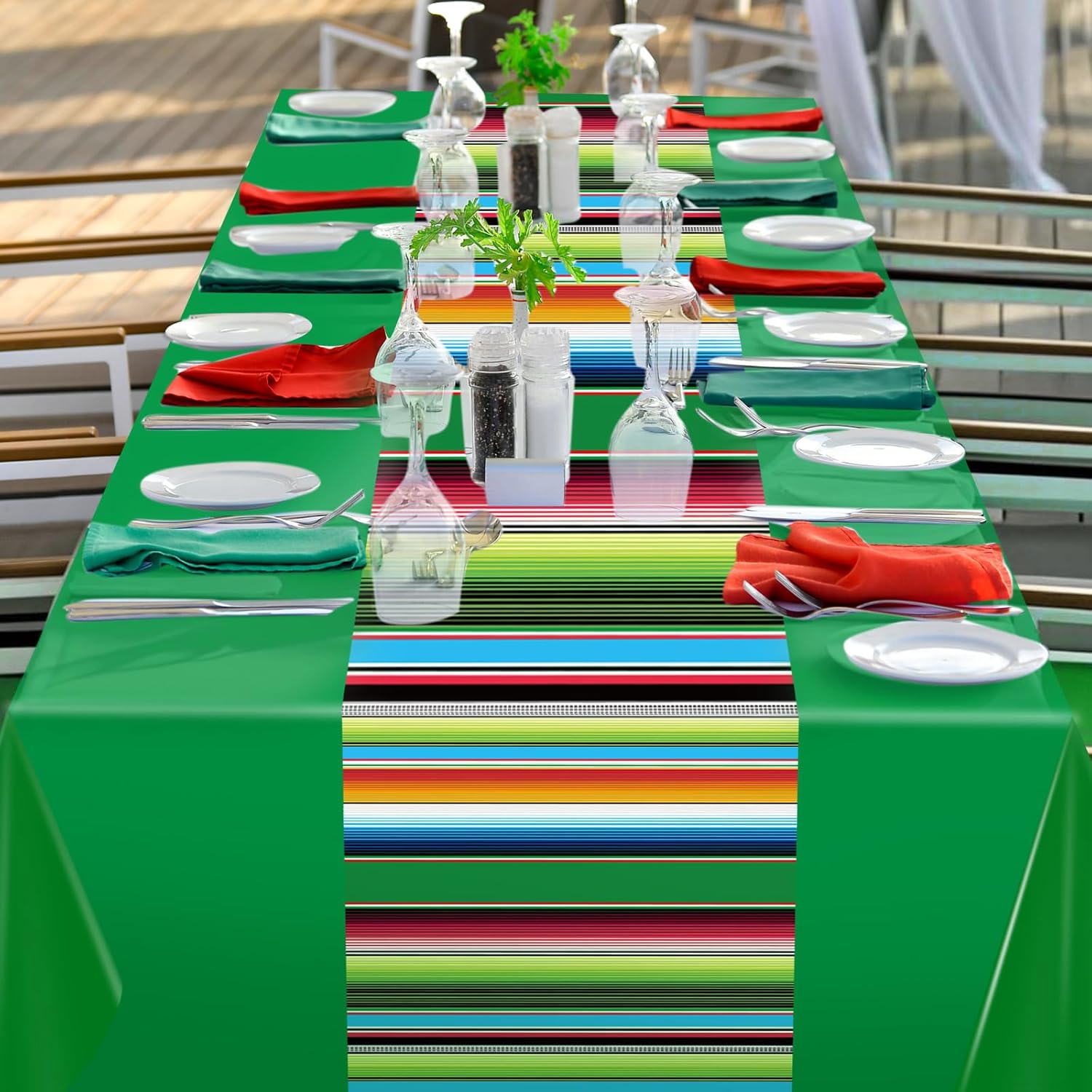 VitalCozy 24 Pcs Plastic Mexican Table Runner and Fiesta Tablecloth Set Cinco De Mayo 14 x 108 in Striped Serape Table Runner for Dia De Los Muertos Mexican Birthday Party Decorations