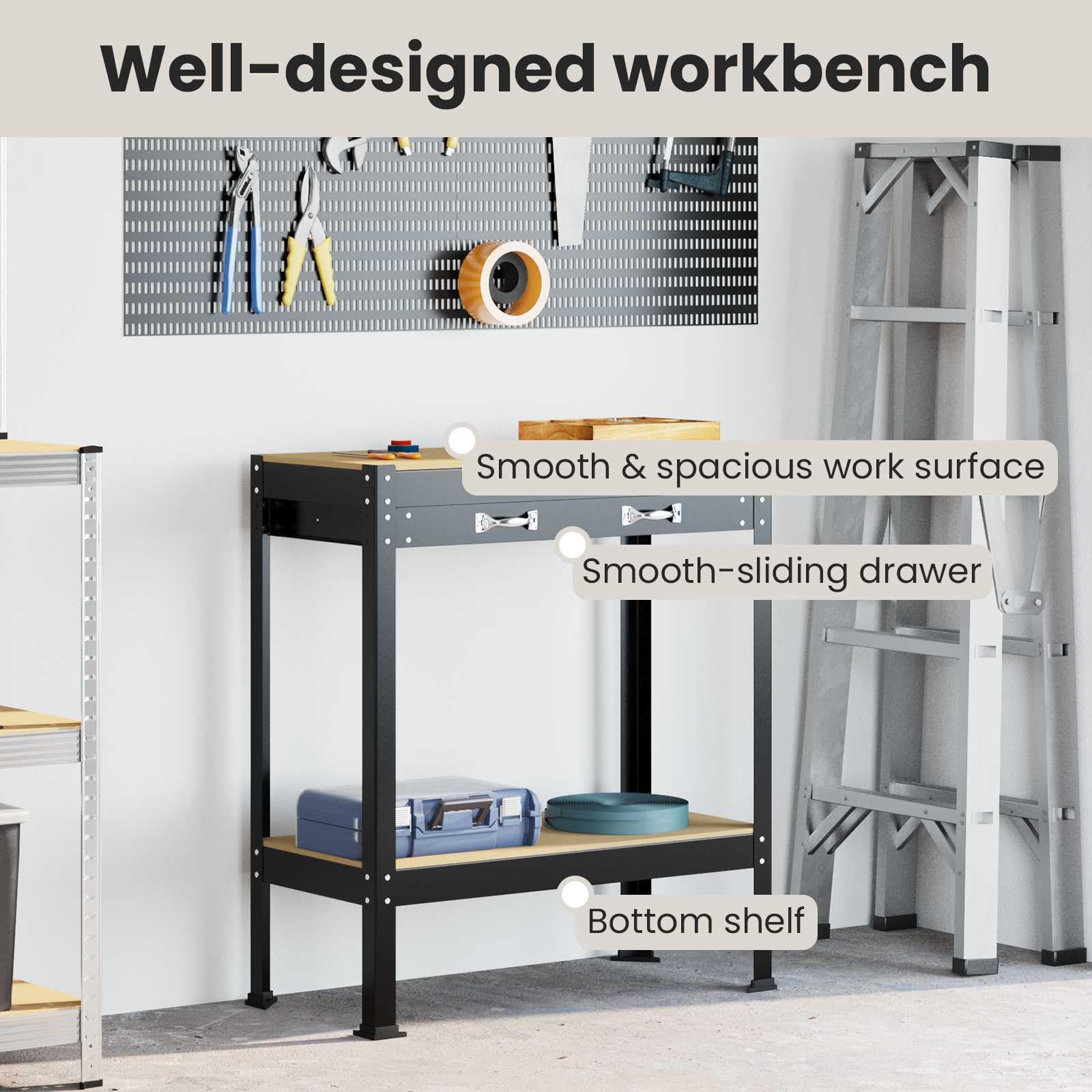 vidaXL Banco de Trabajo con cajón con Estante Negro 80 x 40 x 91 cm