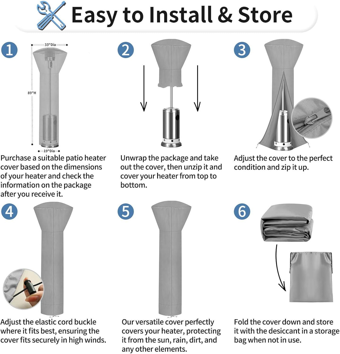 OutdoorLines Waterproof Outdoor Patio Heater Covers with Zipper and Storage Bag, Dust-proof UV-Resistant Windproof Propane Heavy Duty Heater Cover for Standing Heater, 1 Pack-89Hx33Dx19B inch Grey