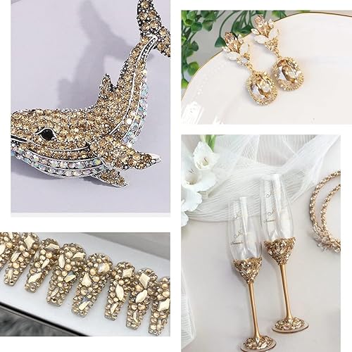 Miniatura 9 de 2052 piezas de pedrería dorada para uñas, 72 piezas de formas múltiples de cristal con base plana champán dorado + 1980 piezas de cuentas redondas