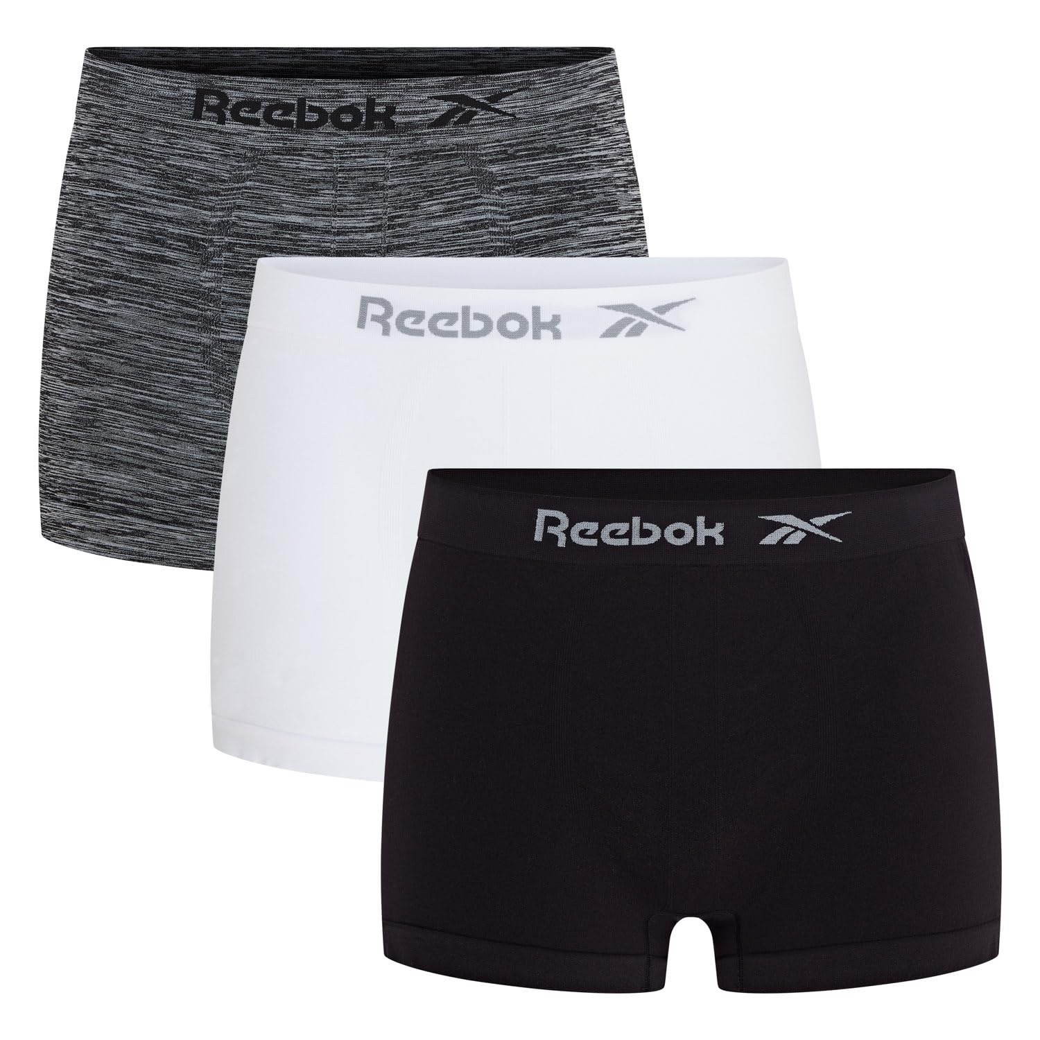 Reebok Dale Boxers for Men | Pack of 3 Seamless Mens Trunks, Breathable & Stretchable Underwear for Men | Multipack Boxer Shorts, Black, Grey Marl, White, L
