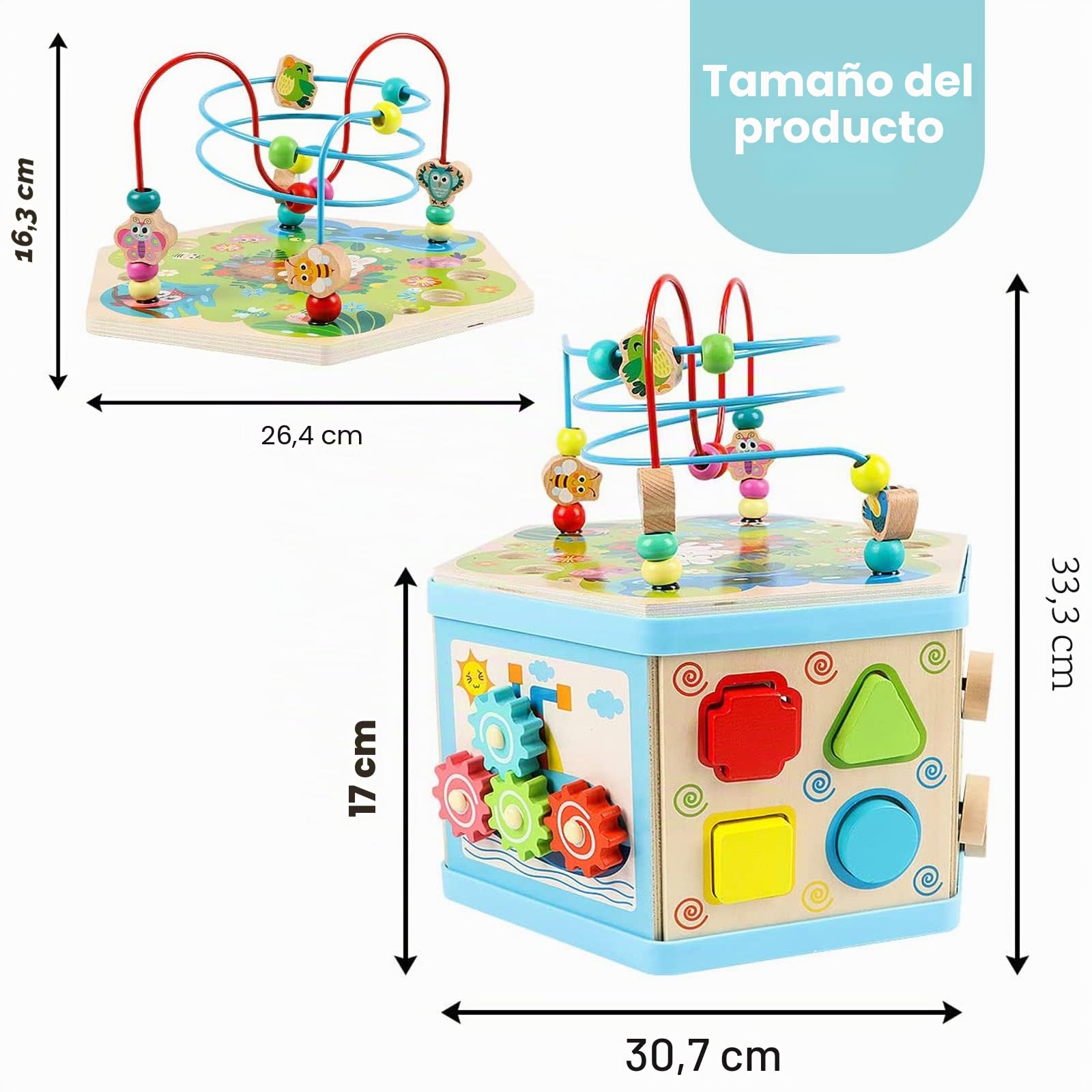 Jacootoys Cubo de actividad de madera, 7 en 1, cubo de actividad motora educativa de laberinto de perlas para niños, bebés, niños y niñas