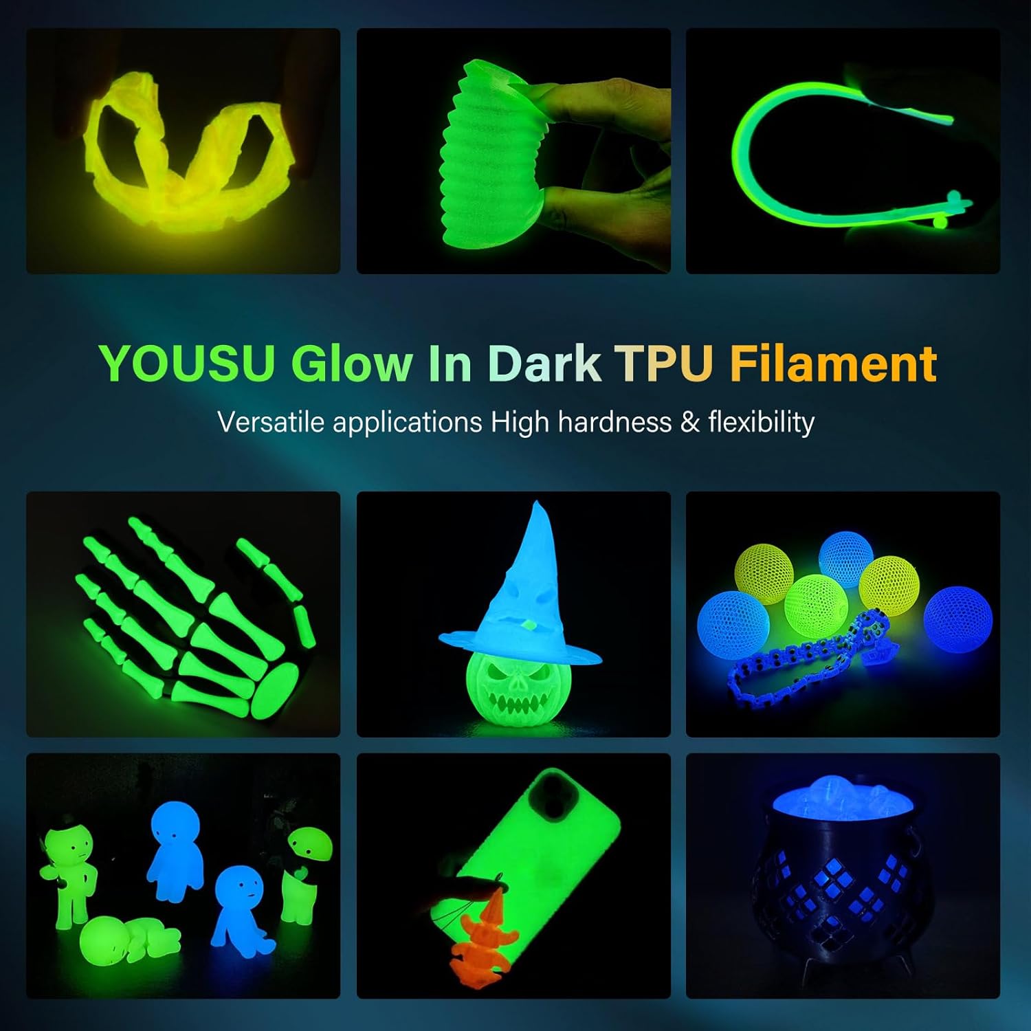 YOUSU Glow in The Dark TPU 3D Printer Filament Bundle, 1.75mm 95A TPU, Blue,Green,Yellow,Purple 250g*4 Pack.