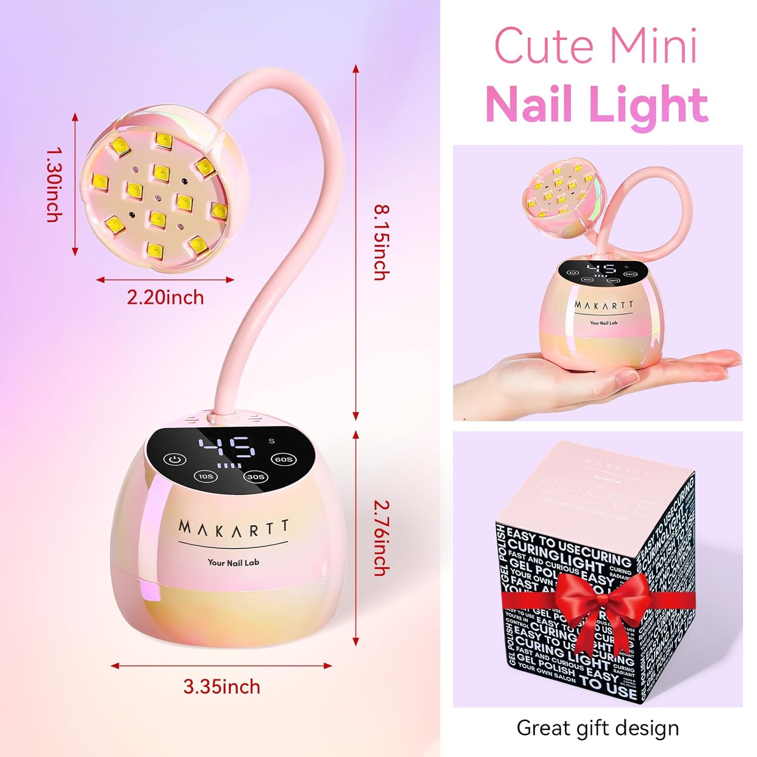 Makartt UV LED Nail Lamp - Gooseneck UV Light for Nails Cordless Rechargeable USB 39mW/cm² Dryer LED Lamp with Auto Sensor 4 Timer Settings Fast Curing for Nail Art Polish (Glazed Pink)