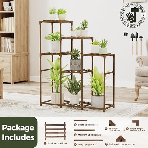 Miniatura 7 de Bamworld Soporte alto para plantas, estante de madera para plantas de interior, estante escalonado para múltiples plantas, 5 niveles, 7 macetas,