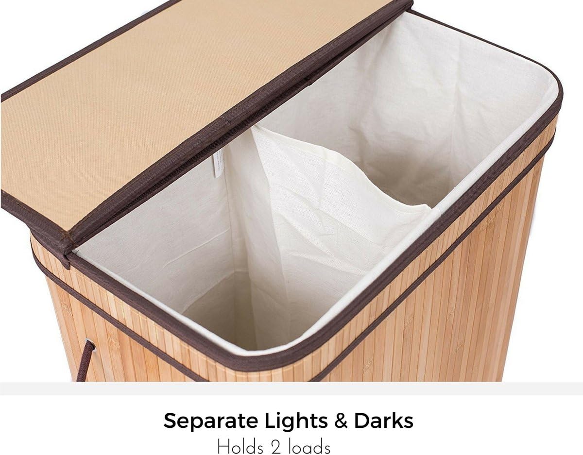 BirdRock Home Double Laundry Hamper with Lid and Cloth Liner - Bamboo - Natural - Easily Transport Laundry Basket - 2 Section Collapsible Hamper - String Handles