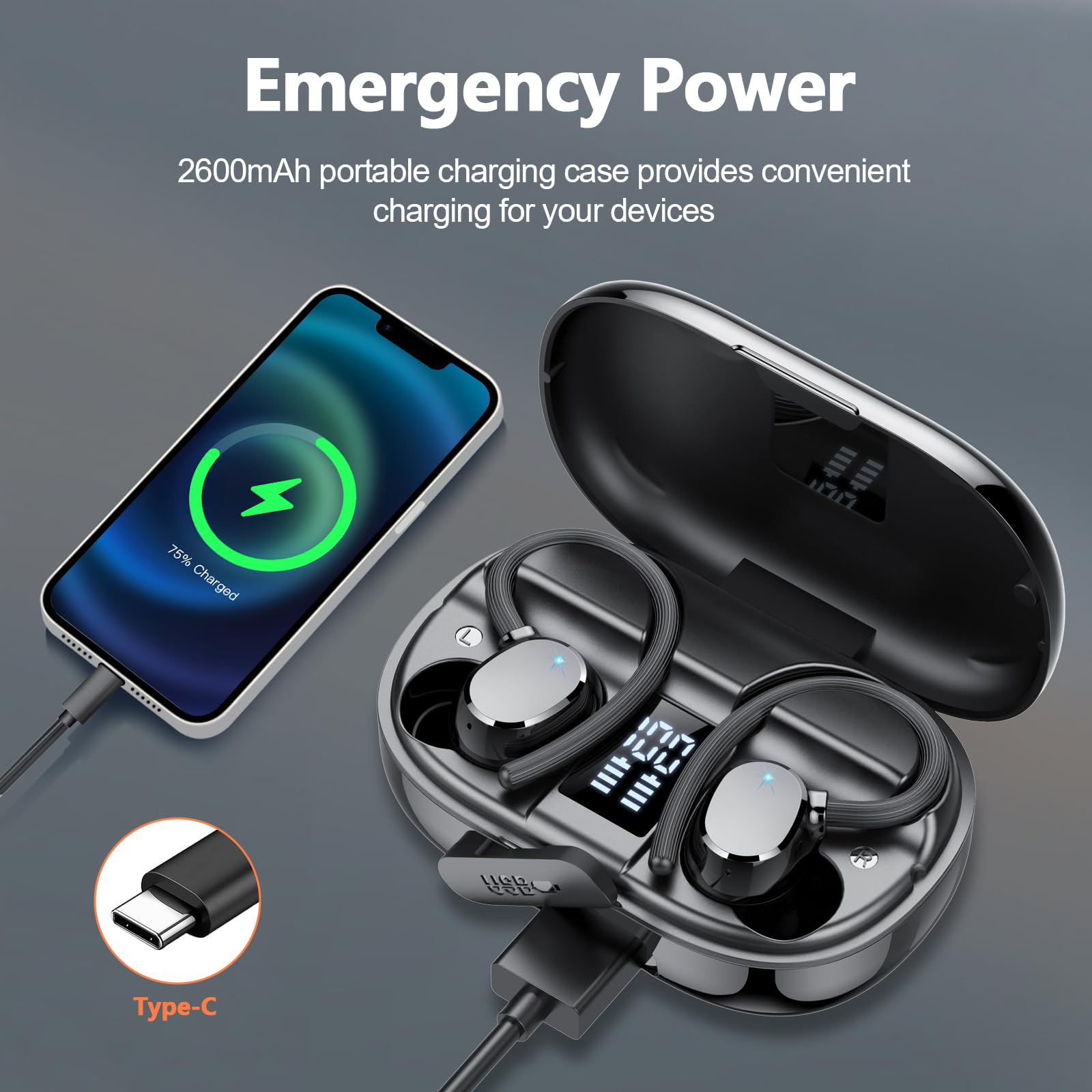 Cuffie Bluetooth, 2025 Auricolari Bluetooth 5.3 con 4 Mic, Cuffie Wireless In Ear HiFi Stereo, 128 Ore LED Display, Touch Control, Cuffie Senza Fili IP7 Impermeabili, per Sport Running, USB-C - Vista 4