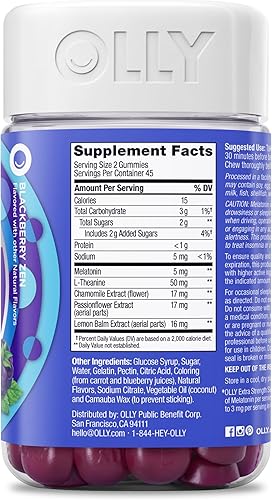 Vista 8 de OLLY - Gomitas extrafuertes para dormir, ayuda ocasional para dormir, 5 mg de melatonina, L-teanina, extractos de manzanilla y melisa, sabor a mora