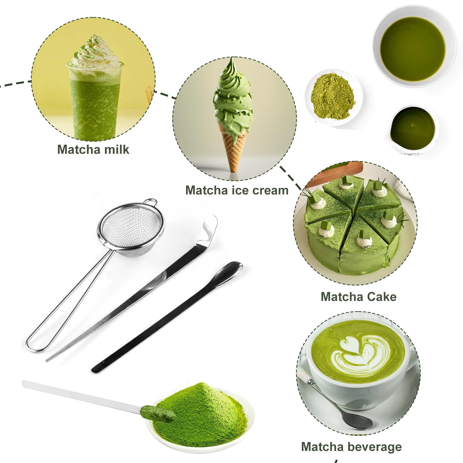 Macha Tea Kit con Frusta Matcha Cucchiaio Setaccio Supporto per Frusta 5 Pezzi Matcha Set Materiale di Qualità Alimentare per Casa Ufficio,Regalo Perfetto per Gli Amanti Del Matcha