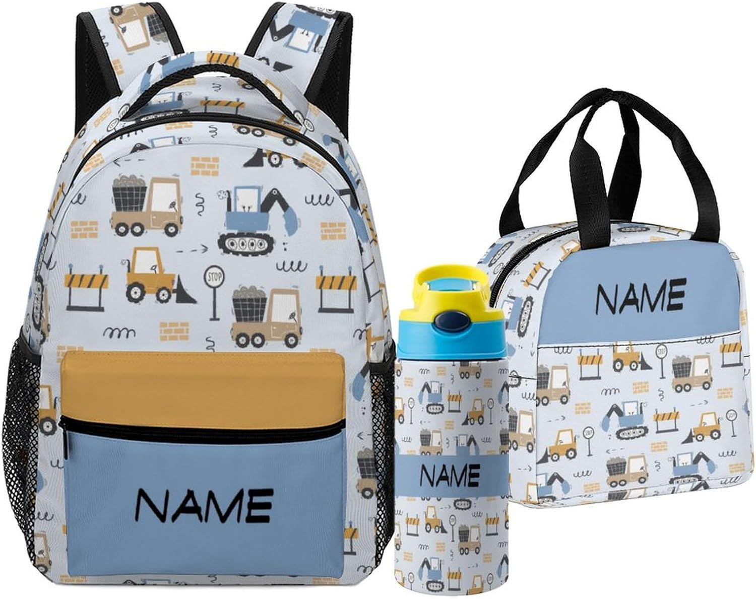 Custom Kids Backpack Set Personalized Name Text Cartoon Car Truck Backpack with Lunch Box Kids Water Bottle Customized Set of 3 School Bookbag