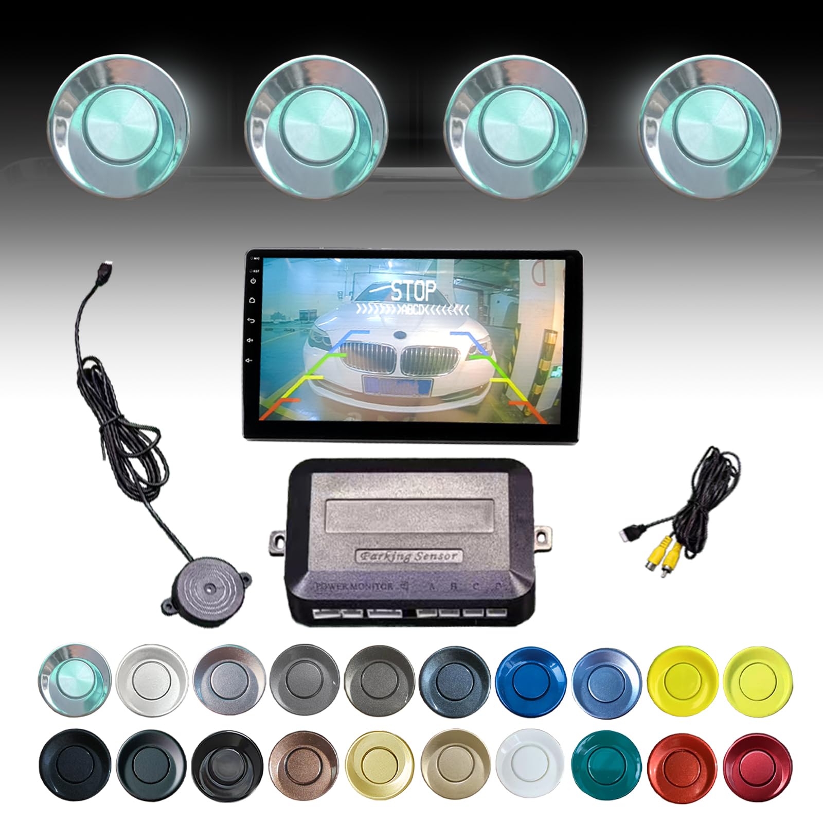 Parking Sensor Kit LCD - Displays Data on Original Screen, Easy Rear Installation, Compatible with CVBS Cameras (Not for AHD), 20 Probe Colors to Match Any Vehicle（Chrome）