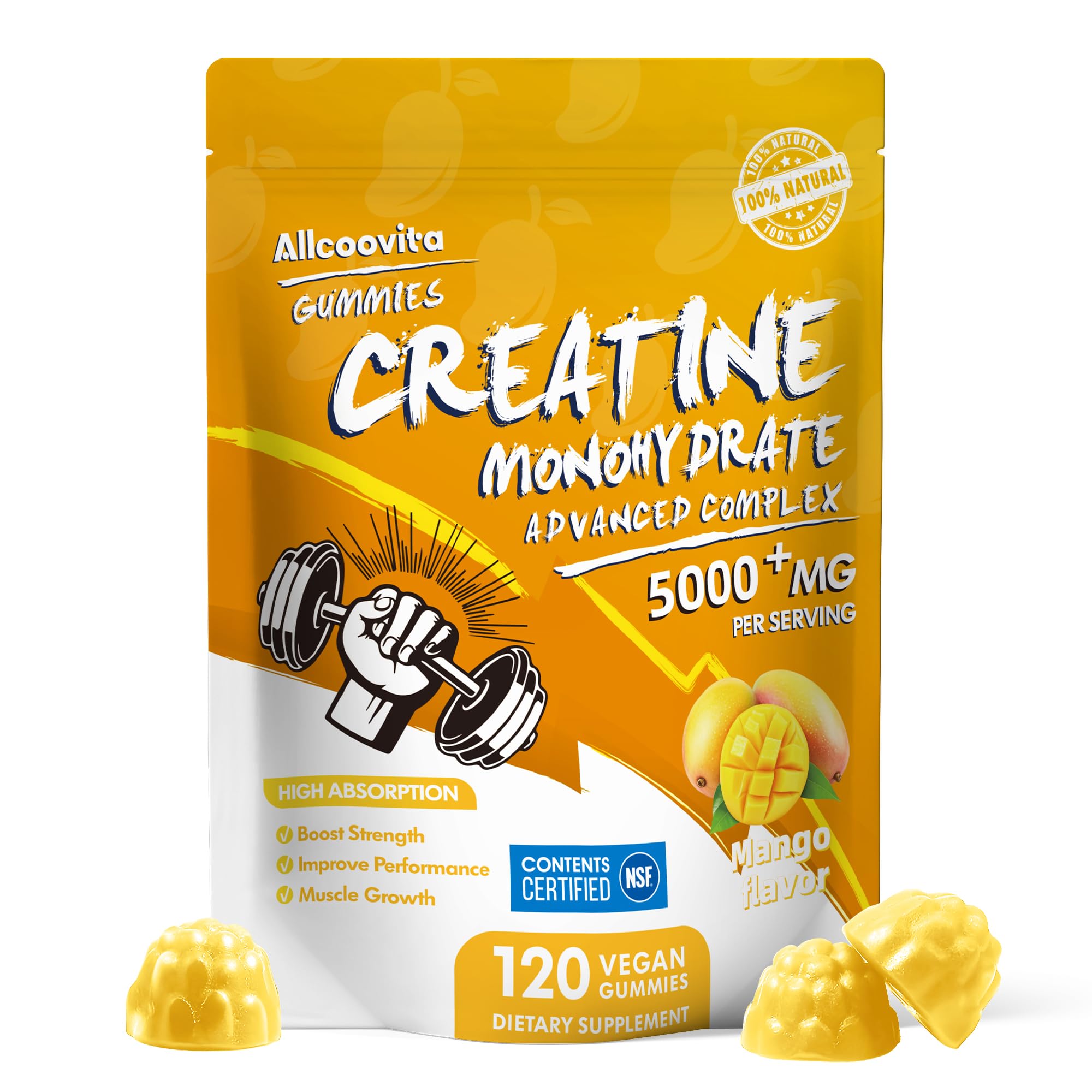 Allcoovita Creatine Monohydrate Gummies 5g for Men & Women. Boost Focus,Strength, and Endurance, Anti-Melting Formula, Vegan, Gluten-Free, Non-GMO,(Mango 120 ct) Mango 120 Count (Pack of 1)