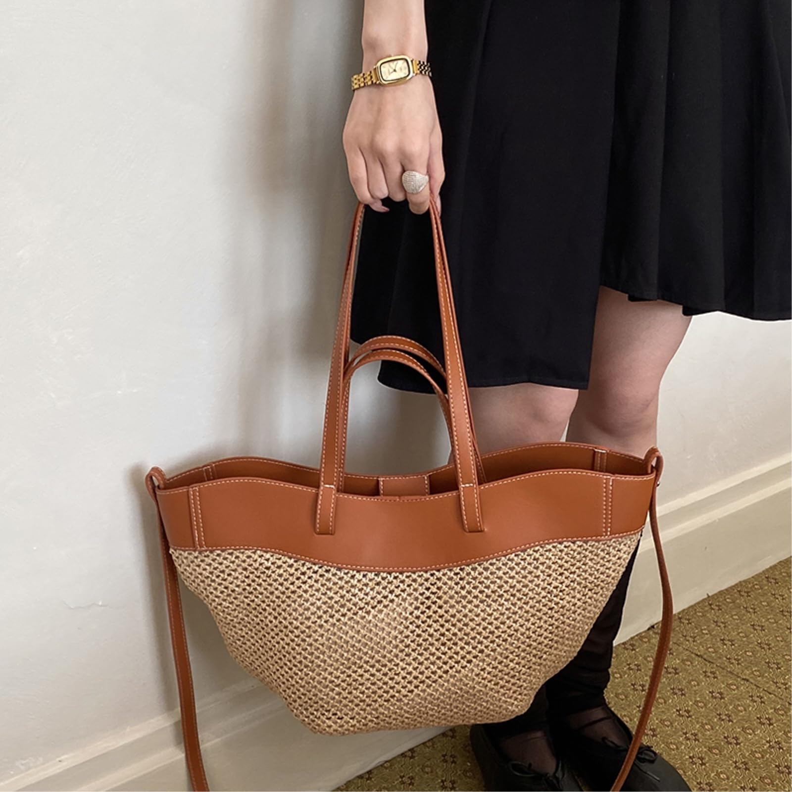 Borsa Spalla Paglia Tessuta in con Finitura Liscia A 2 Vie di Grande capacità-Small Black-Large(Max Length>50cm)