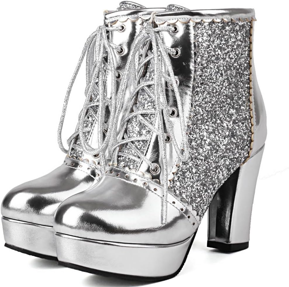 KOKOMOMO Sparkly Platform Ankle Boots Short Sequin Glitter Combat Boots Chunky Heeled Lace Up Booties