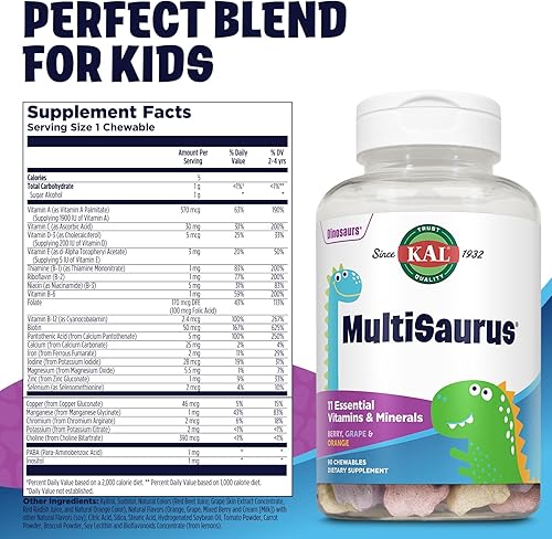 Miniatura 2 de KAL MultiSaurus - Multivitaminas masticables para niños, 11 vitaminas y minerales esenciales para niños, bayas, uva, naranja, sin gluten y fructosa,