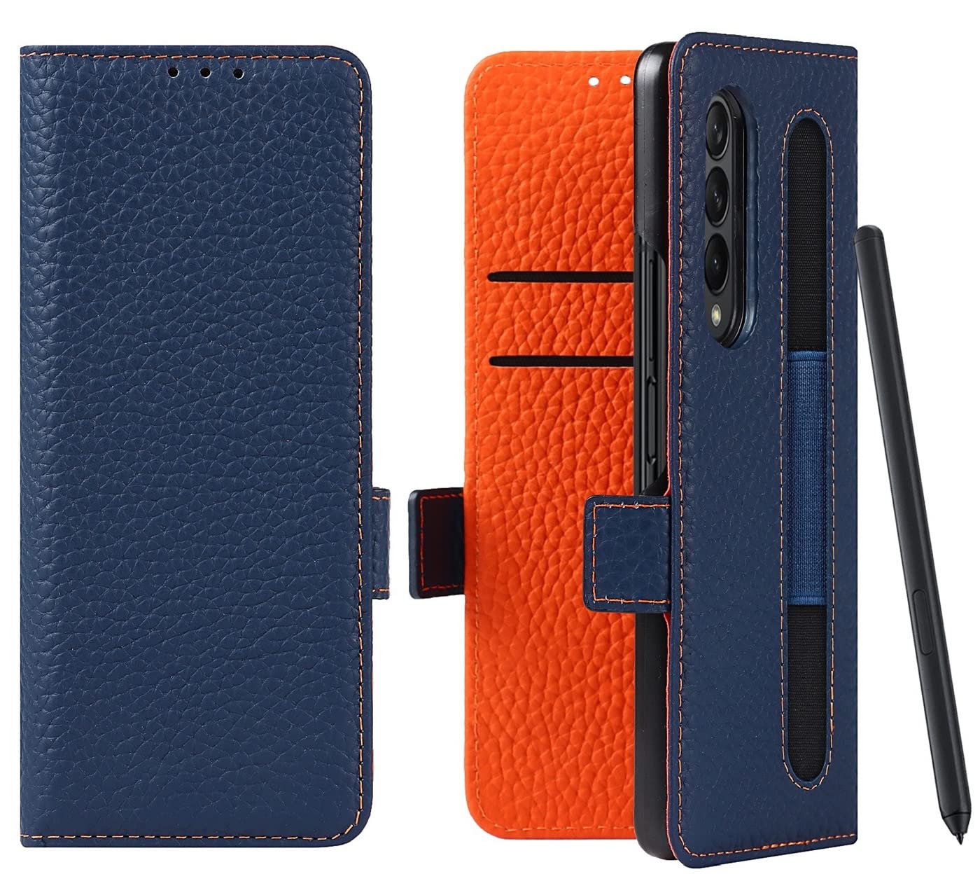 iCoverCase for Samsung Galaxy Z Fold 3 5G Wallet Case with Card Slots, Litchi Pattern Genuine Leather Magnetic Kickstand Flip Protective Cover for Galaxy Z Fold 3 5G 2021 - Dark Blue