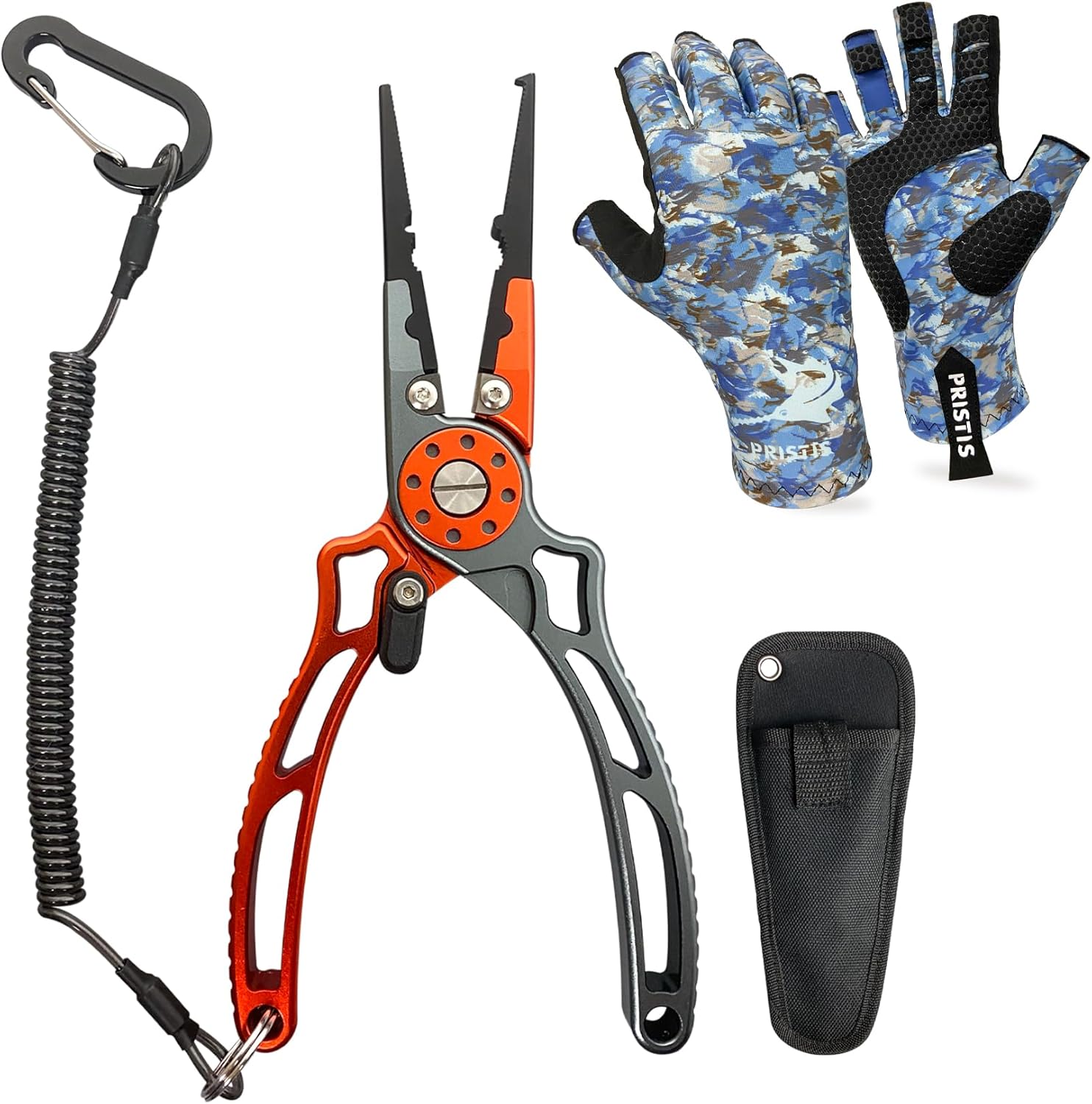 Pristis Utility Multi-Function Fishing Equipment Combination, UTA II Fishing Pliers & Snow CAMO Half-Finger Fishing Gloves (L-XL), A Cool Option for Angler