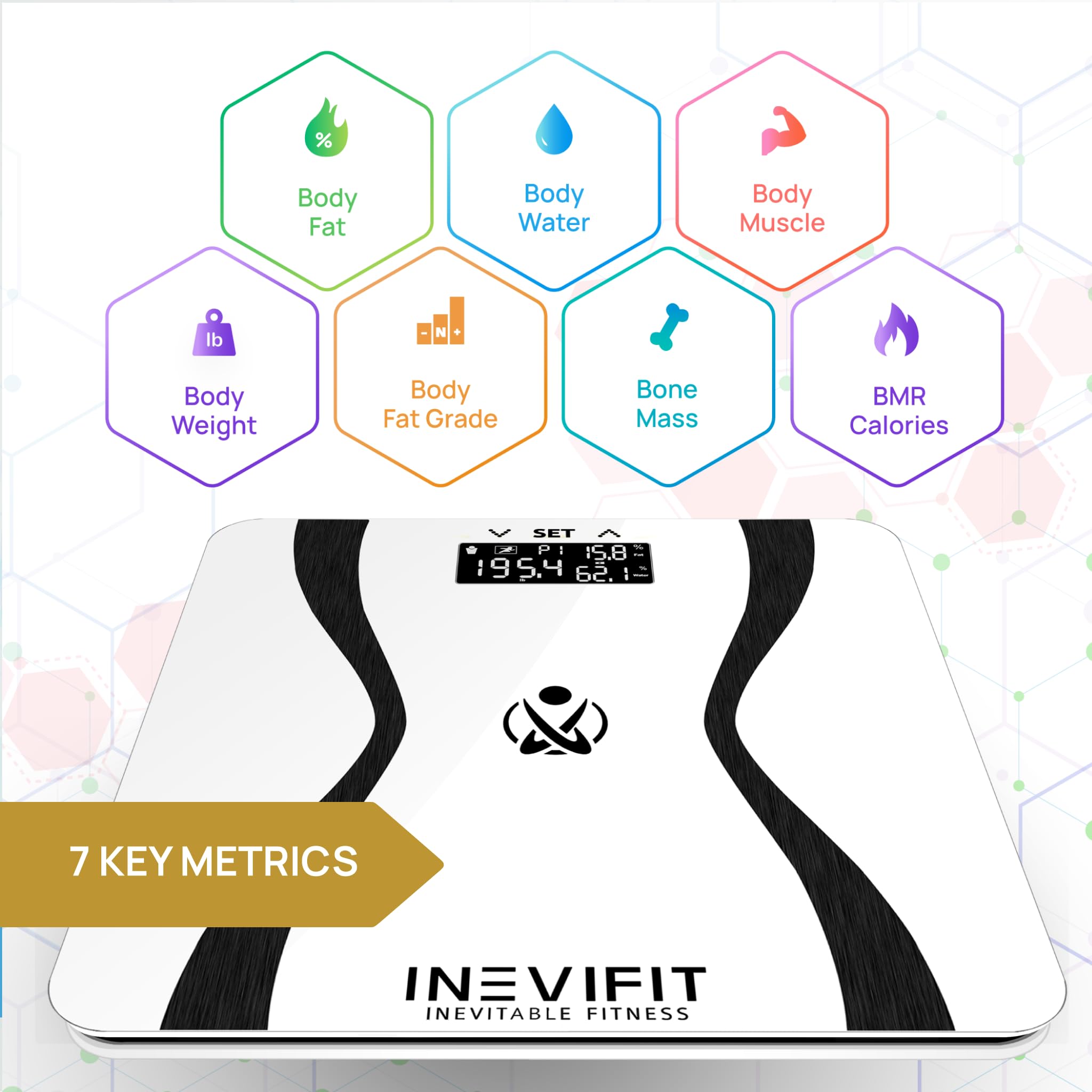 INEVIFIT Bilancia per analizzatori di corpo, analizzatore di composizione corporea per il bagno digitale estremamente accurato bianca Piattaforma grande 12.3 "X12.3".
