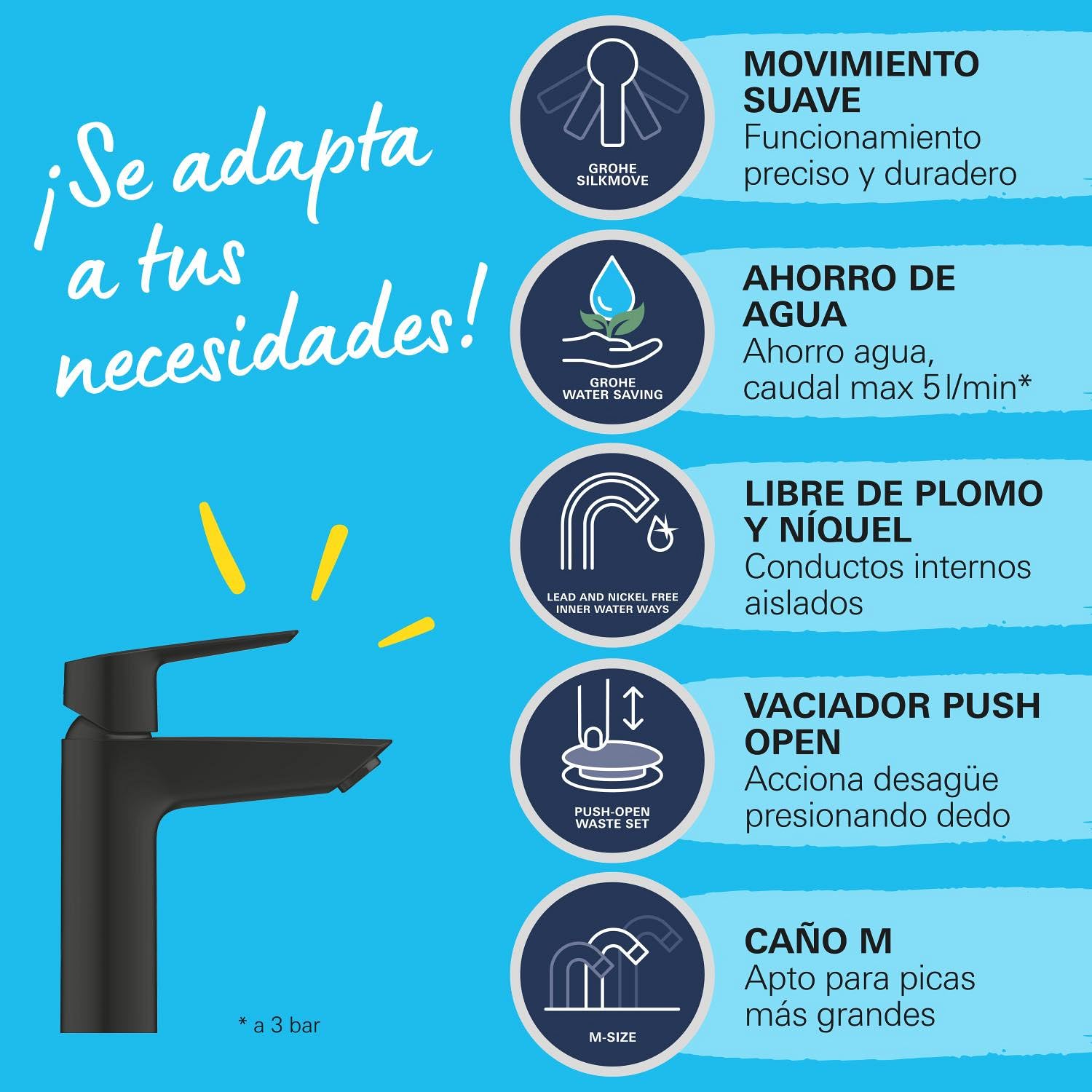 GROHE Start QuickFix 242042432 - Grifo mezclador de lavabo con juego de desagües a presión (tamaño M 192 mm, cartucho de cerámica de 28 mm, ahorro de agua, colas de 3/8 pulgadas, fácil de instalar con