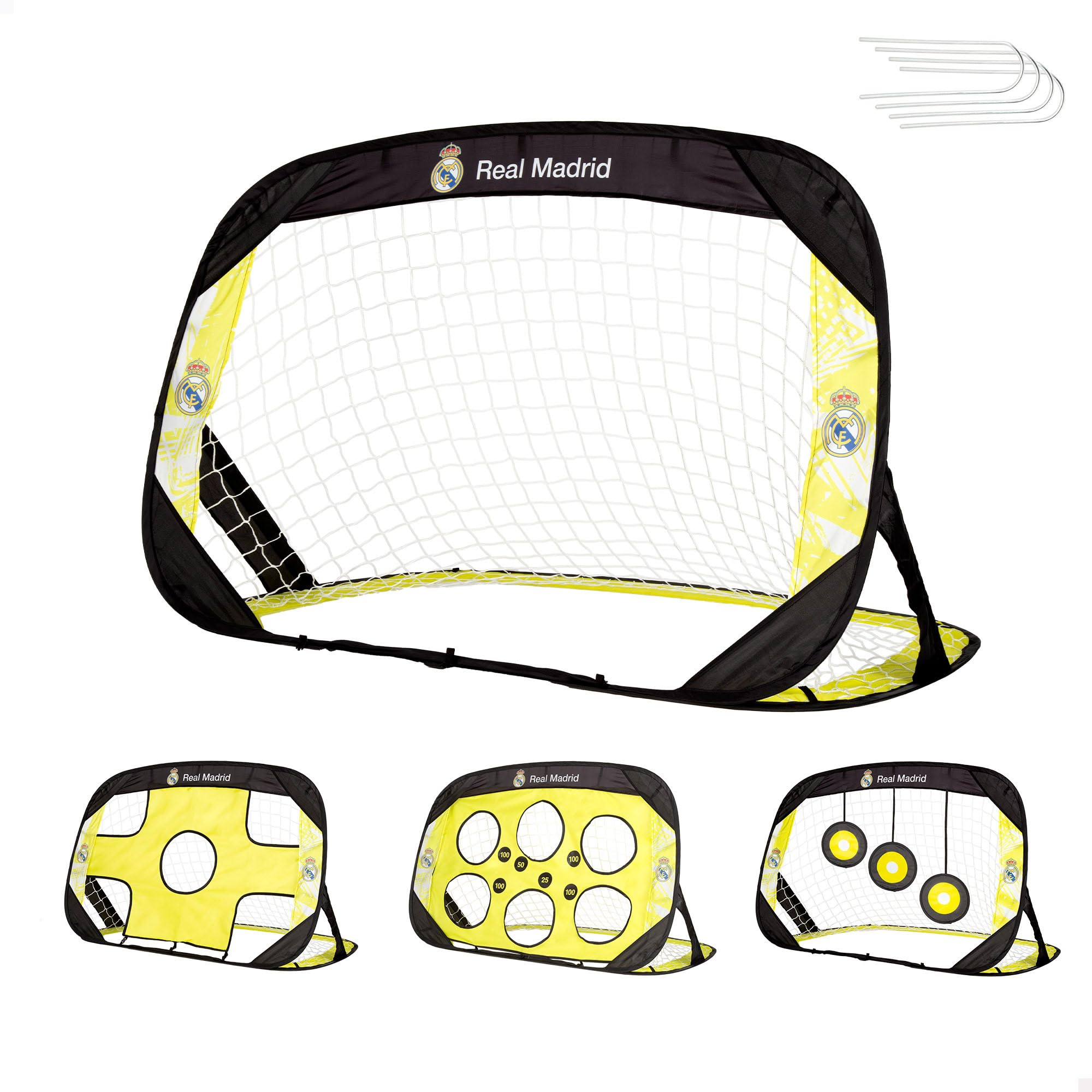 COLORBABY Real Madrid portería Pop-up fútbol 4 en 1, 120 x 80 x 80 cm, Incluye Paneles con dianas y Bolsa de Transporte, Montaje rápido, para Jugar en Exterior, Desde 3 años (77593)