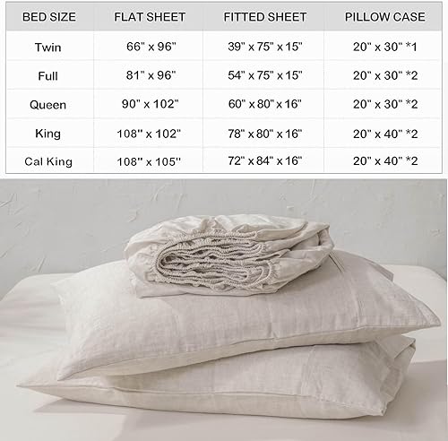 Miniatura 6 de Juego de sábanas de lino francés 100% lavado, tamaño King, lino natural, 4 piezas (1 sábana encimera, 1 sábana bajera y 2 fundas de almohada),
