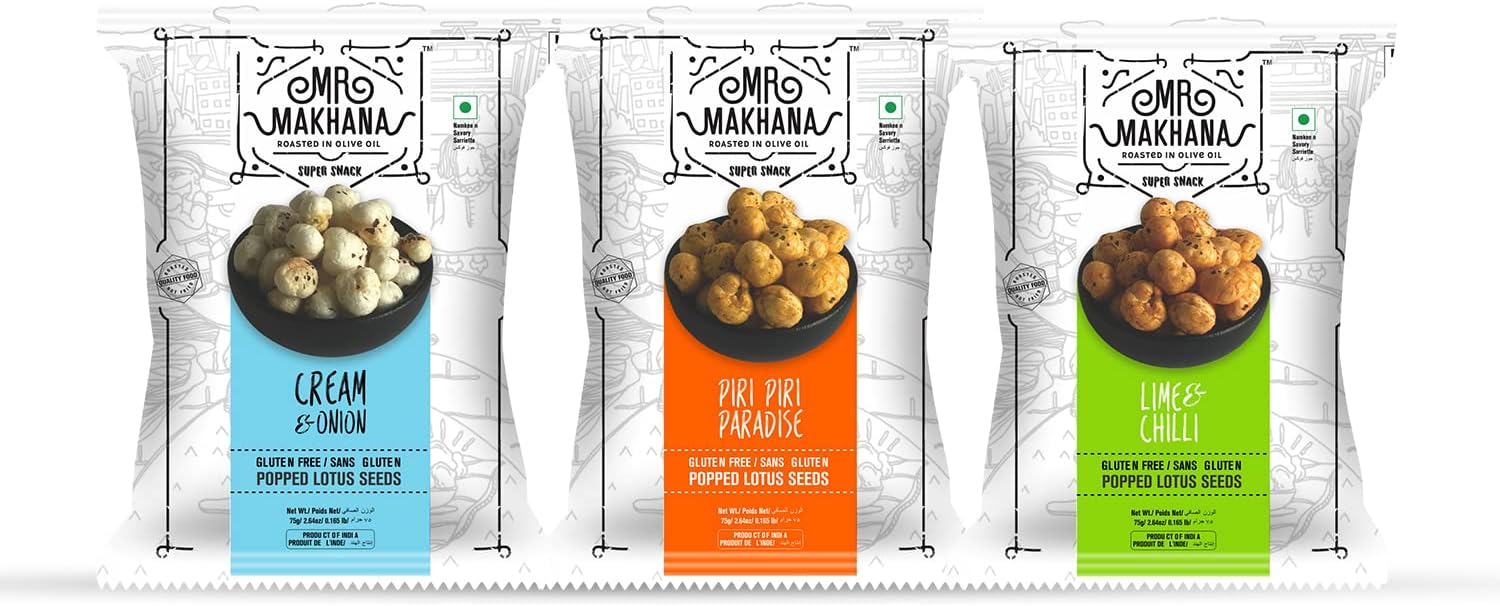 Mr. Makhana Roasted Makhana & Foxnuts : Lime and Chilli, Cream and Onion, Piri Piri Paradise (3x75 gm) | Gluten Free | MSG Free | Roasted in Olive Oil | Rich Calcium | Zero Trans Fat | Zero Cholesterol
