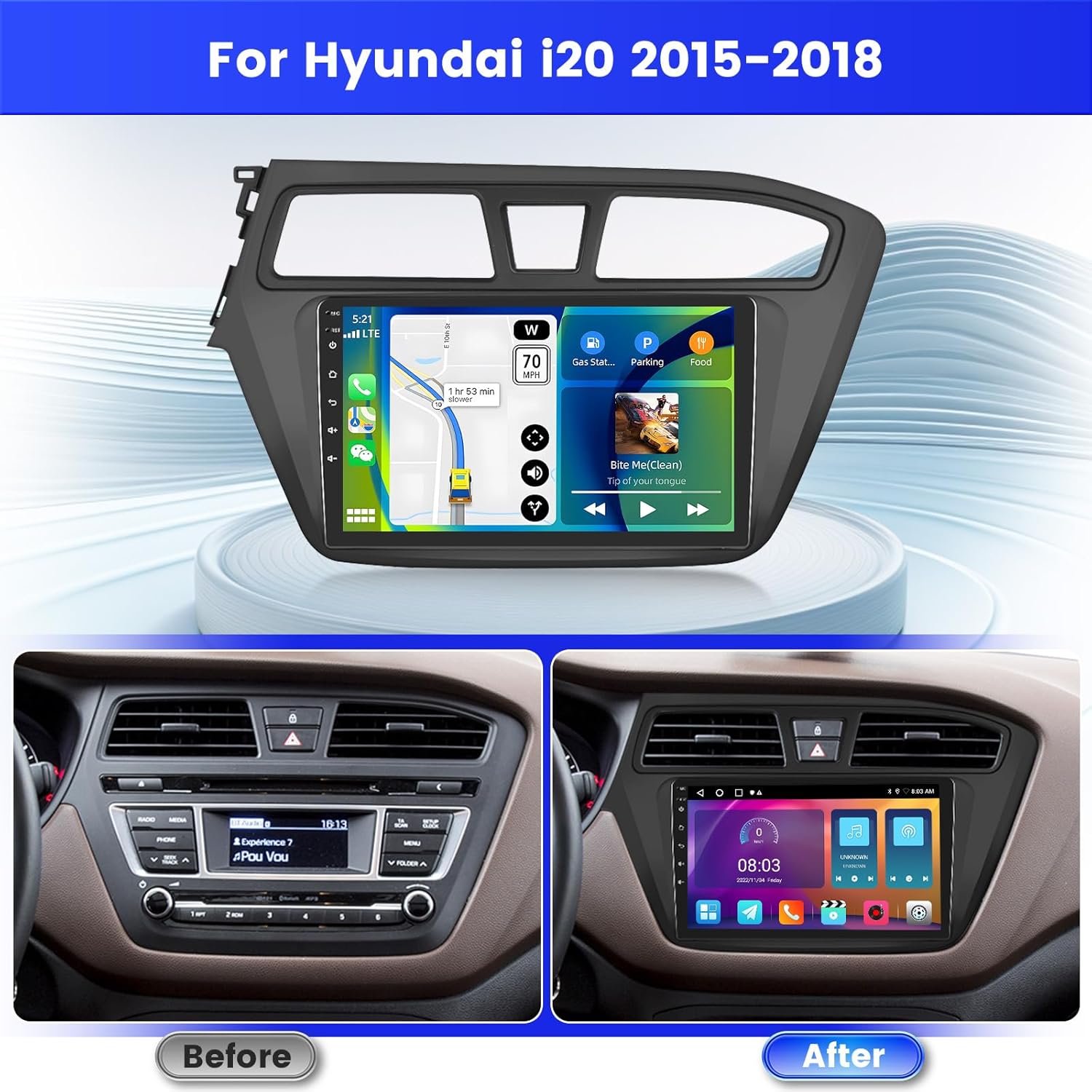 Comparison of original Hyundai i20 car radio with the new Inefala 9-inch Android car radio installed in the dashboard.