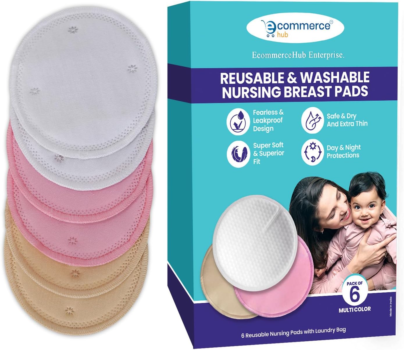 Reusable Washable Nursing Breast Pads -6 Pcs Feeding Pads, Breast Milk Absorb Cotton Pad - Breastfeeding Nipple Pads for Maternity - Reusable Breast Pads for Breastfeeding Mom, Multicolor