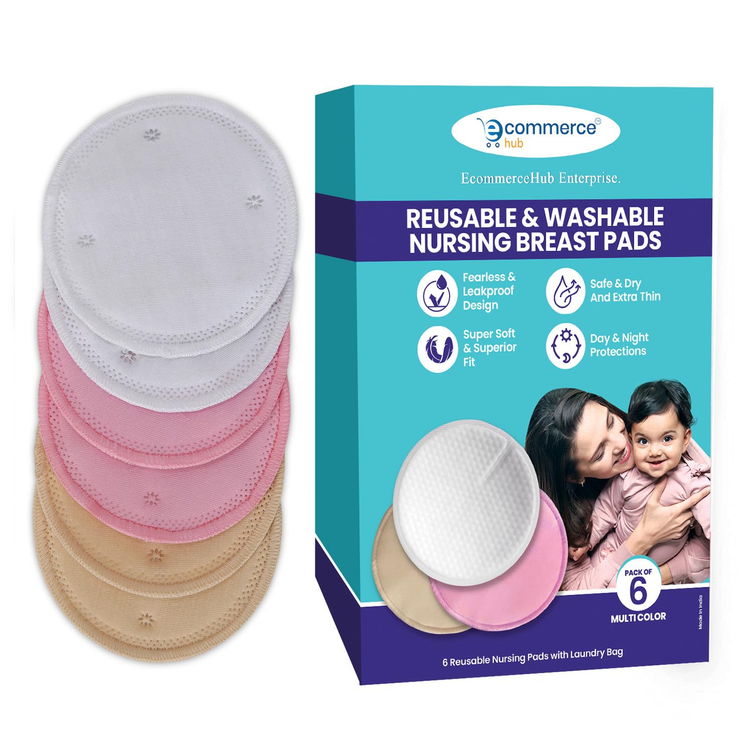 Reusable Washable Nursing Breast Pads -6 Pcs Feeding Pads, Breast Milk Absorb Cotton Pad - Breastfeeding Nipple Pads for Maternity - Reusable Breast Pads for Breastfeeding Mom, Multicolor